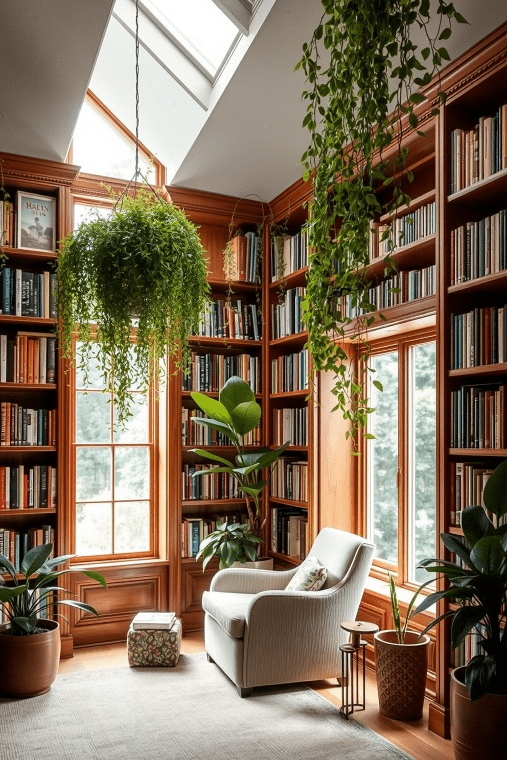 A cozy reading nook features a plush armchair in a soft, neutral fabric, positioned beside a large window that allows natural light to flood the space. Above the chair, lush hanging plants cascade down, adding a touch of greenery and creating a serene atmosphere. The garden home library is designed with floor-to-ceiling bookshelves made of rich wood, filled with an array of colorful books. Large potted plants are strategically placed throughout the room, enhancing the connection to nature and providing a tranquil retreat for reading and relaxation.