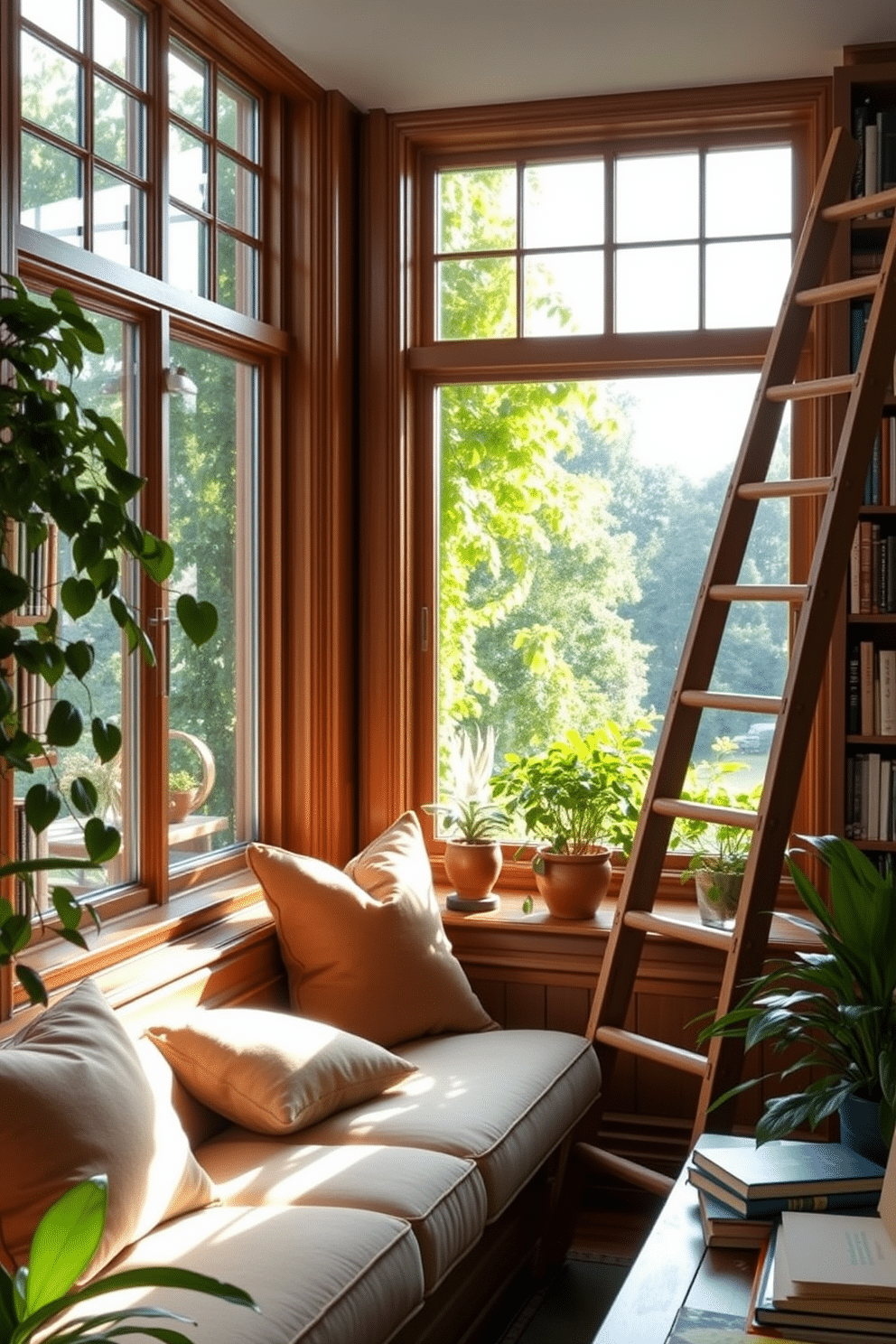 A cozy window seat adorned with plush cushions invites relaxation, while large windows frame a picturesque view of lush greenery swaying gently in the breeze. The natural light floods the space, enhancing the warm wooden tones of the surrounding bookshelves filled with an array of colorful books. The garden home library features a blend of indoor plants and books, creating a serene atmosphere perfect for reading and reflection. Soft, ambient lighting highlights the textures of the furniture, while a wooden ladder leans against the shelves, adding a touch of rustic charm.