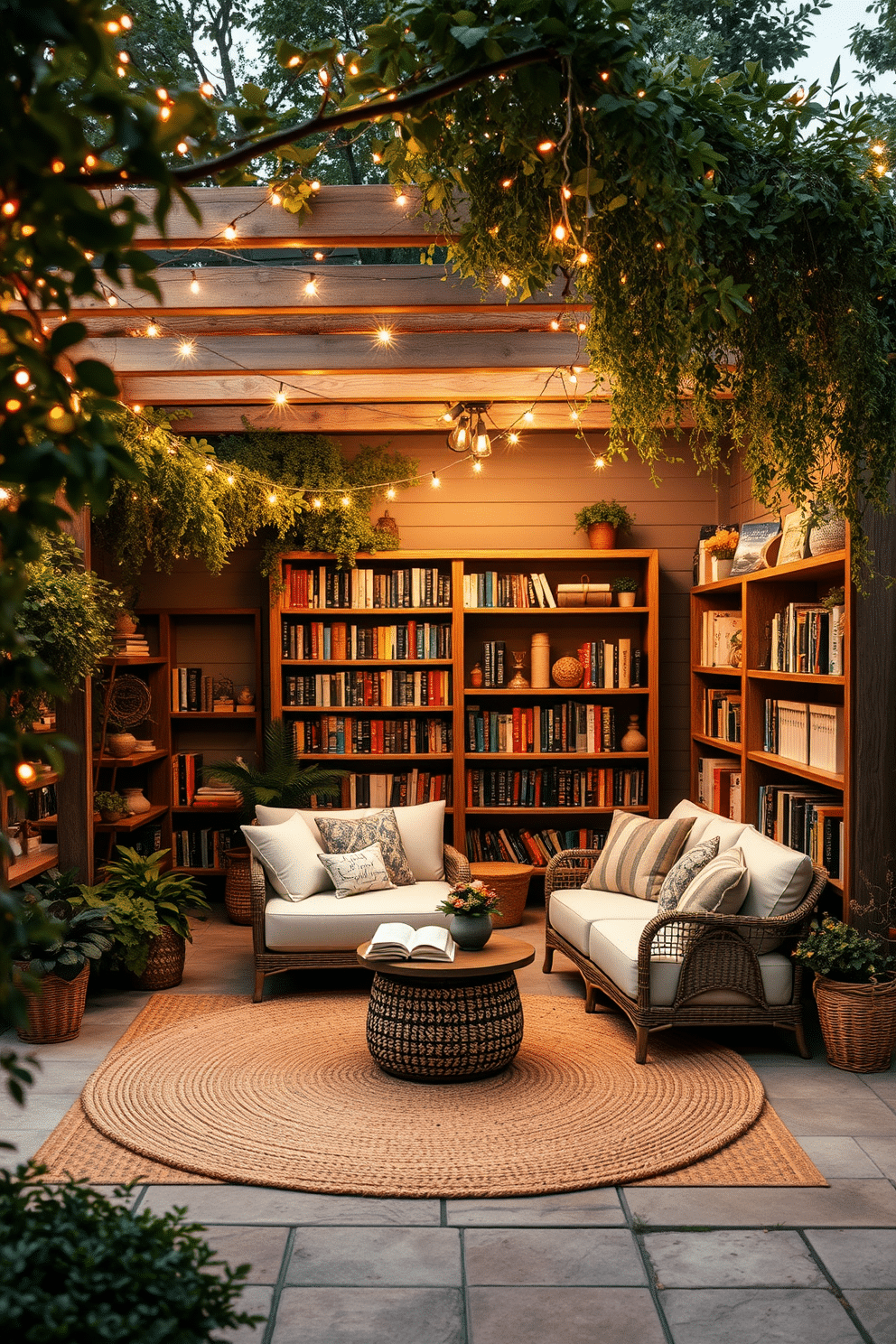 A cozy outdoor patio library adorned with twinkling fairy lights creates an enchanting atmosphere for reading. The space features a comfortable seating arrangement with plush cushions, surrounded by lush greenery and shelves filled with books. The library is designed with rustic wooden bookshelves, elegantly displaying a curated collection of novels and decorative items. A soft, woven rug anchors the seating area, while the gentle glow of the fairy lights adds warmth to the evening ambiance.