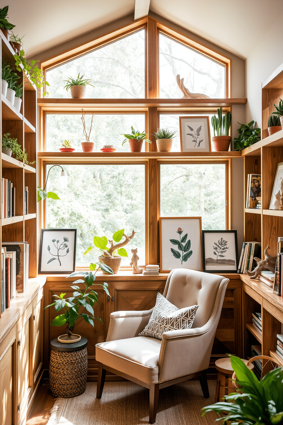 A cozy garden home library featuring built-in shelves made from reclaimed wood, adorned with an array of nature-inspired decor items such as potted plants, botanical prints, and driftwood sculptures. Soft, natural light filters through large windows, illuminating a comfortable reading nook with a plush armchair and a small side table, creating an inviting atmosphere for relaxation and inspiration.