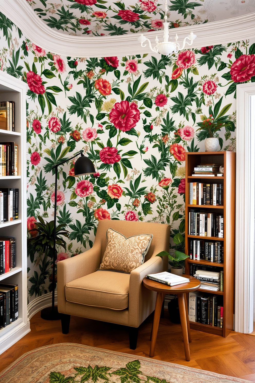 A cozy reading area adorned with garden-themed wallpaper, featuring lush floral patterns in vibrant colors. The space includes a comfortable armchair upholstered in soft fabric, positioned next to a small wooden side table stacked with books. A custom-built bookshelf lines one wall, showcasing a collection of literature and decorative plants. Soft, ambient lighting from a stylish floor lamp enhances the inviting atmosphere, creating a perfect nook for relaxation and reading.