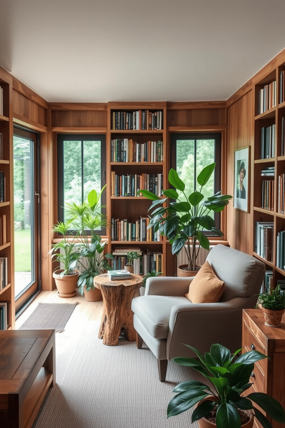 A cozy garden home library with natural wood accents that create a warm and inviting atmosphere. Shelves filled with books line the walls, and a large window allows natural light to flood the space, highlighting the rich textures of the wooden furniture. A comfortable reading nook features a plush armchair upholstered in soft fabric, paired with a small side table made of reclaimed wood. Potted plants are strategically placed around the room, adding a touch of greenery and enhancing the serene ambiance.