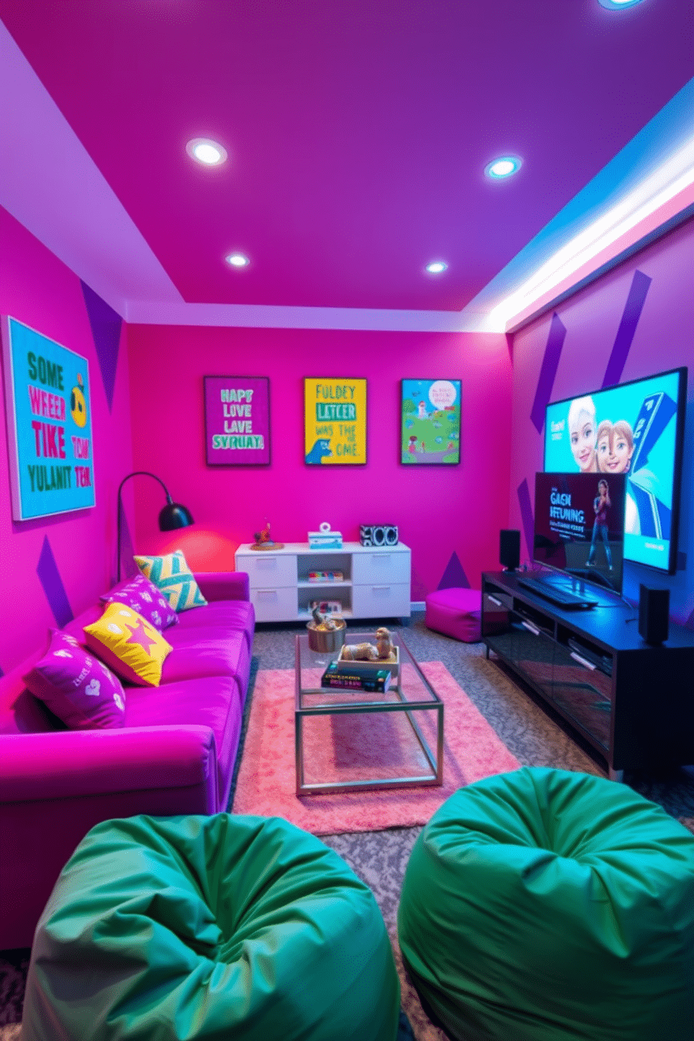 A vibrant game room designed for girls features walls painted in a lively pink hue, accented with purple geometric patterns. The space includes a plush purple sectional sofa adorned with colorful throw pillows and a stylish coffee table surrounded by bean bags for relaxed seating. Brightly colored artwork hangs on the walls, showcasing playful themes and inspiring quotes. A sleek gaming console is set up on a contemporary media unit, complemented by LED strip lighting that adds a fun and dynamic atmosphere.