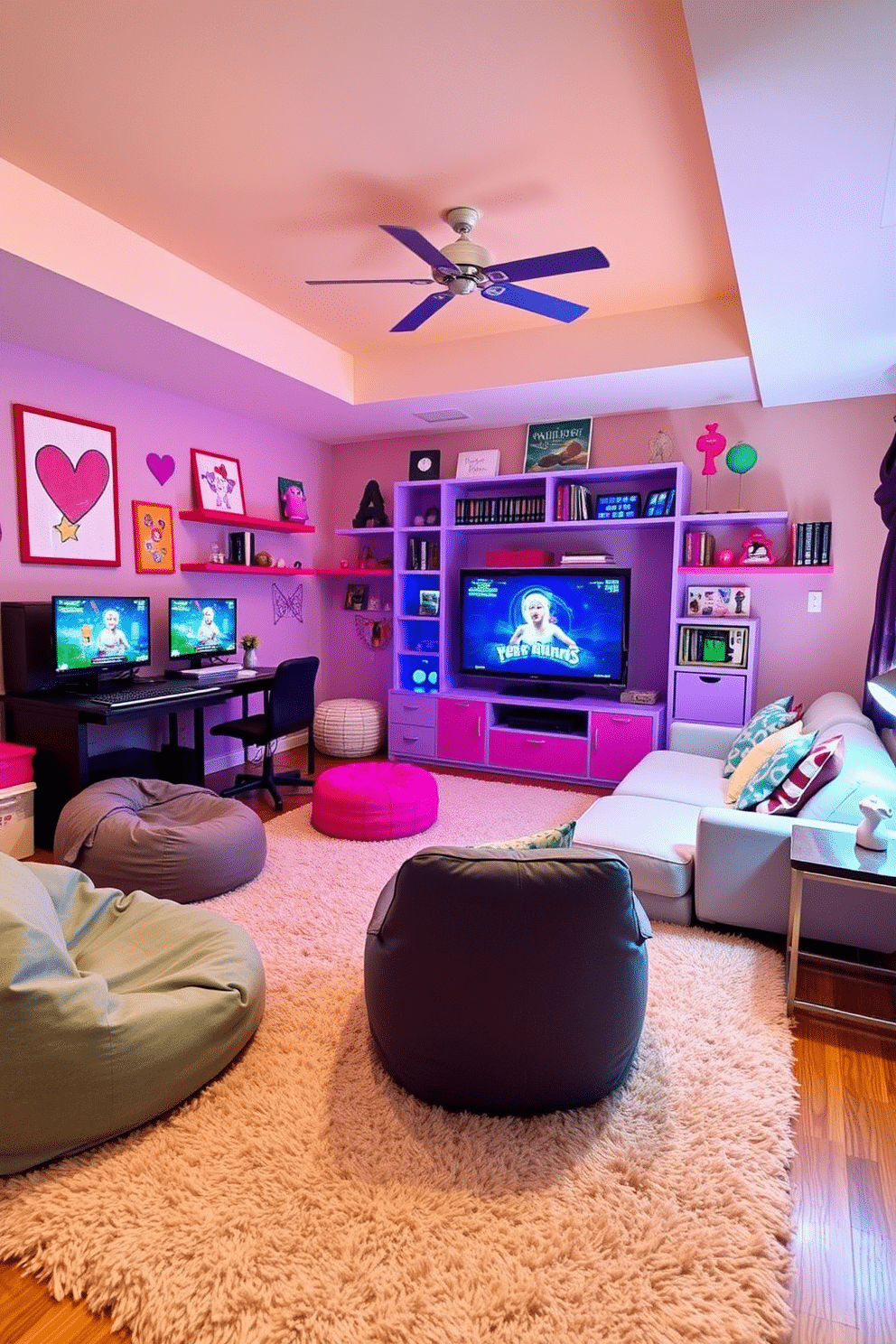 A cozy game room designed for girls features a plush, fluffy rug that adds warmth and comfort underfoot. The space is filled with vibrant colors and playful decor, including bean bags and whimsical wall art that inspire creativity and fun. The room includes a stylish gaming setup with a large screen and comfortable seating, perfect for friends to gather and enjoy. Soft lighting creates an inviting atmosphere, while shelves display favorite games and collectibles, making it a personal retreat.