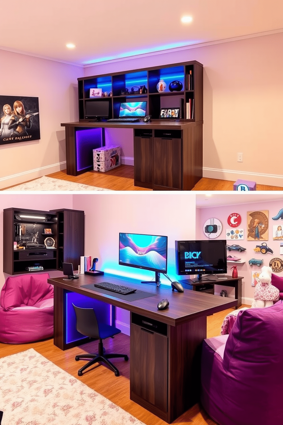 A customized gaming desk with integrated storage features a sleek, modern design crafted from dark wood. The desk is adorned with RGB lighting, and shelves above hold gaming accessories and collectibles, creating an organized yet stylish workspace. The girls' game room is designed with a vibrant color palette of pastel pinks and purples, featuring comfortable bean bag chairs and a large, plush rug. Wall art showcases favorite game characters, and a dedicated area for console gaming includes a large screen and cozy seating arrangements.