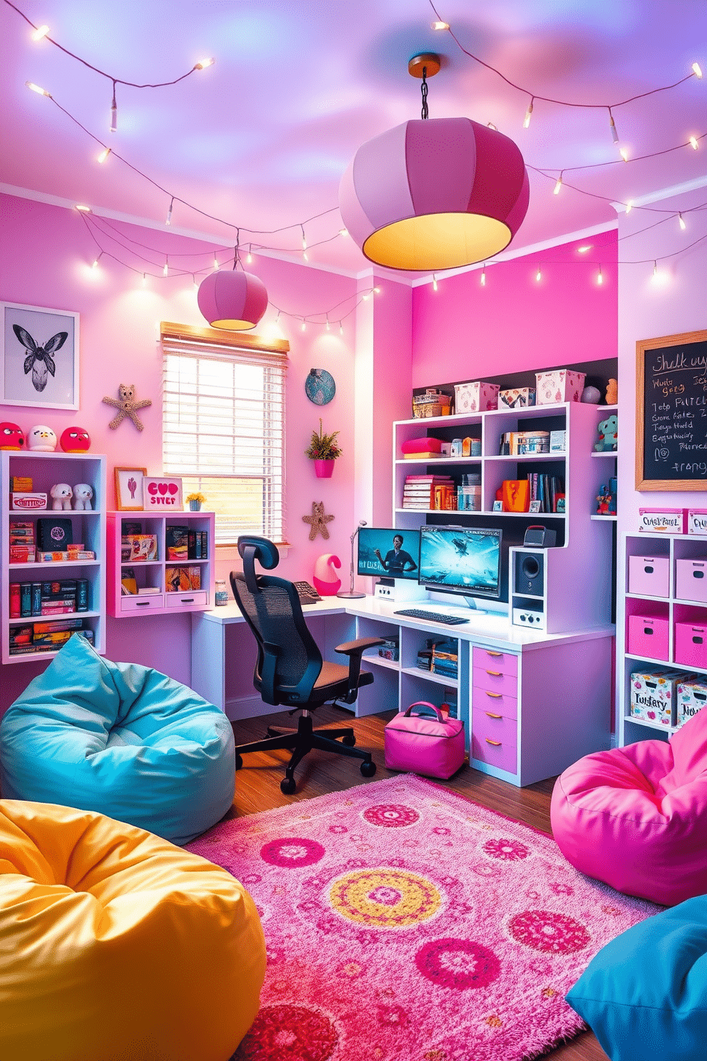 A vibrant girls' game room features playful decor with colorful bean bags and a cozy rug in pastel hues. The walls are adorned with whimsical wall art, and hanging fairy lights create a magical atmosphere, illuminating the space with a soft glow. In one corner, a large gaming setup boasts a sleek desk and an ergonomic chair, surrounded by shelves filled with board games and plush toys. A chalkboard wall invites creativity, allowing for doodles and notes, while a small snack station adds convenience for fun-filled gaming sessions.