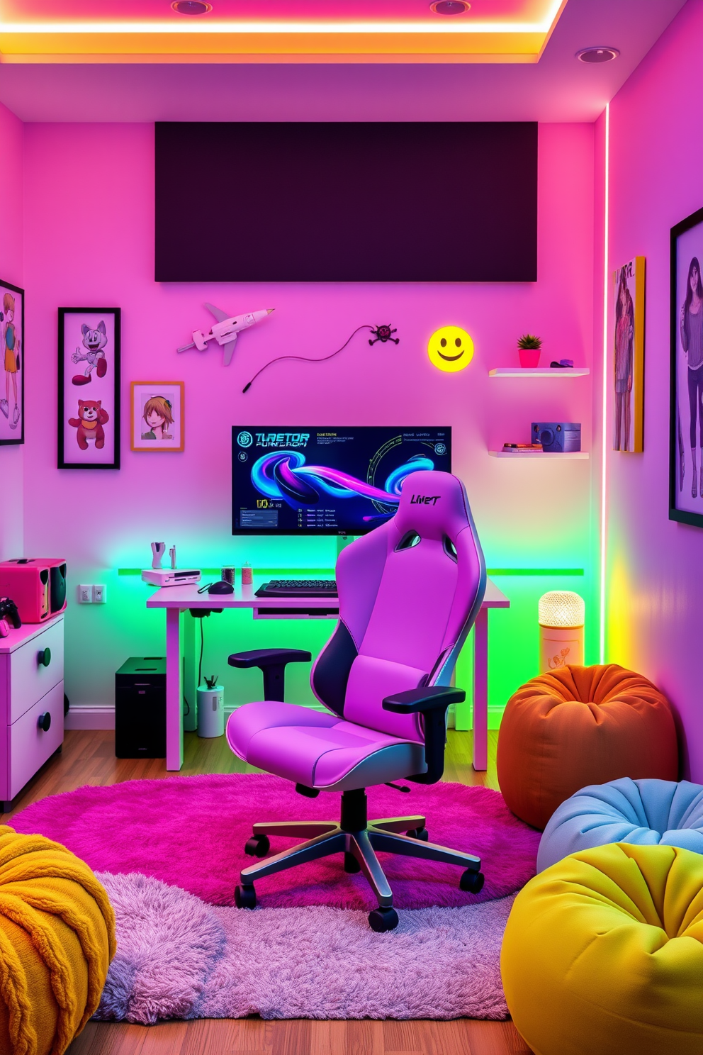 A vibrant gaming room designed for a young girl, featuring a sleek ergonomic gaming chair in a pastel color palette. The walls are adorned with playful wall art and LED strip lighting, creating an energetic atmosphere. The room includes a stylish desk with a high-performance gaming setup, complete with a large monitor and colorful accessories. Plush rugs and cozy bean bags provide additional seating, making it a perfect space for gaming and relaxation.