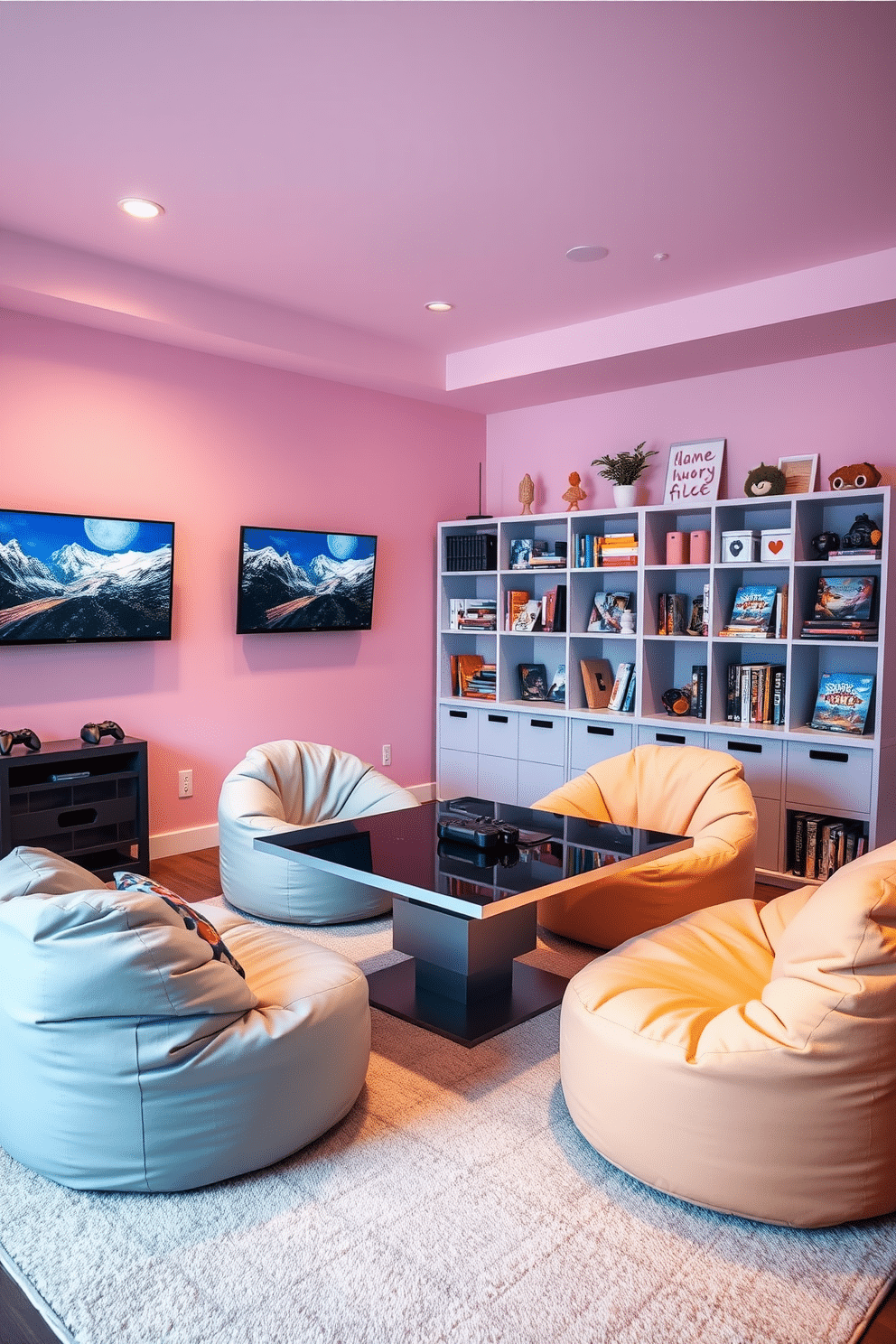 A vibrant girls' game room featuring wall-mounted monitors to maximize space efficiency. The walls are painted in a playful pastel color, and comfortable bean bags are arranged around a sleek gaming table. The room includes a stylish shelving unit filled with games and colorful decor items. Soft, ambient lighting creates a cozy atmosphere, while a large rug adds warmth underfoot.