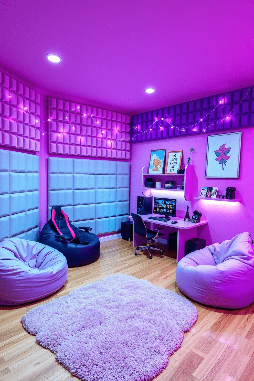 A vibrant gaming room designed for girls, featuring soundproofing panels on the walls to enhance acoustics and minimize noise. The color scheme includes pastel pinks and purples, with comfortable bean bag chairs and a sleek gaming desk. The room is adorned with playful wall art and fairy lights that create a cozy atmosphere. A plush rug adds warmth to the space, while shelves display gaming accessories and collectibles, completing the perfect gaming retreat.