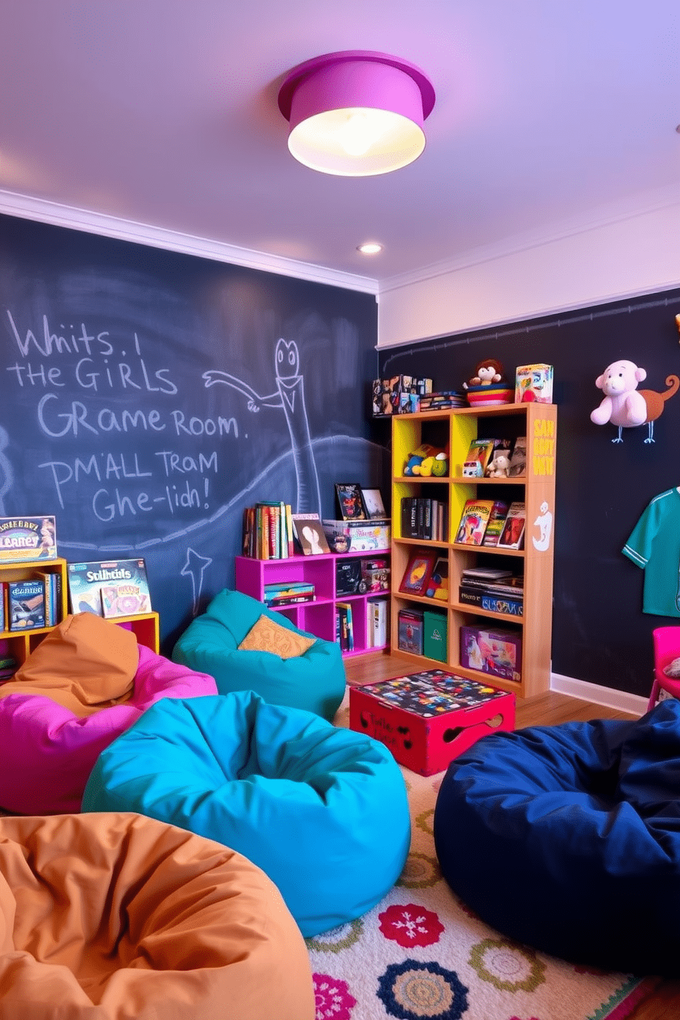 A vibrant girls' game room features a chalkboard wall that invites creativity and artistic expression. The space is filled with colorful bean bags and a cozy rug, providing a comfortable area for relaxation and play. Brightly colored shelves display an array of board games and plush toys, while a playful mural adds personality to the room. Soft lighting from stylish fixtures creates a warm ambiance, perfect for hosting friends and enjoying game nights.