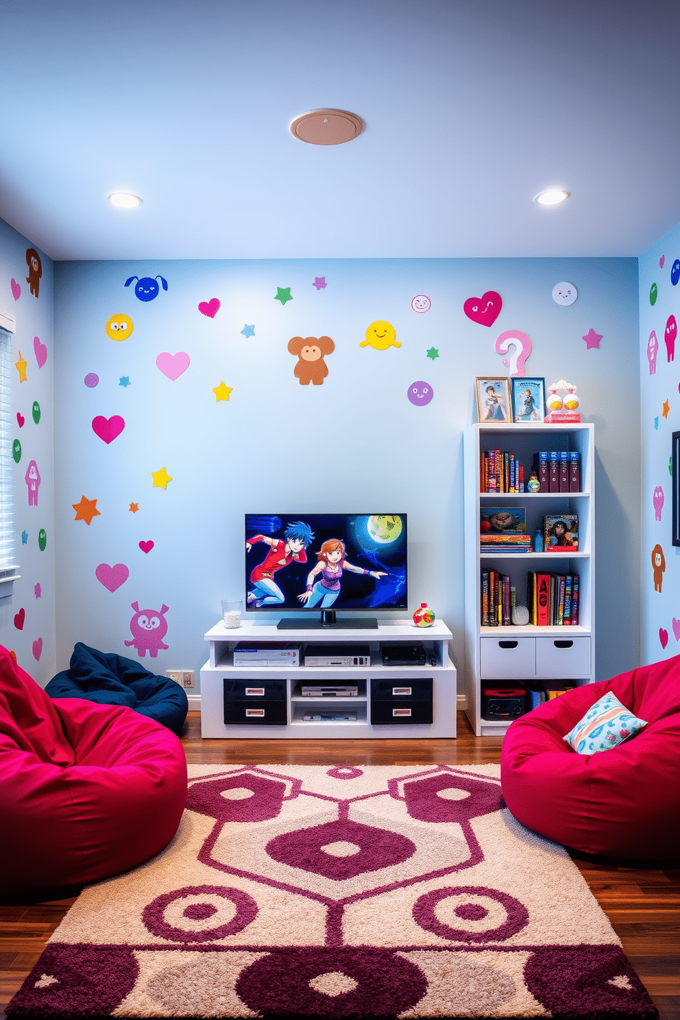 A vibrant game room designed for girls, featuring interactive wall decals that create a playful atmosphere. The walls are adorned with colorful decals of whimsical characters and shapes, encouraging creativity and interaction. The room includes a cozy seating area with bean bags and a stylish rug that ties the space together. A gaming console sits on a sleek, modern entertainment unit, surrounded by shelves filled with games and fun decor.