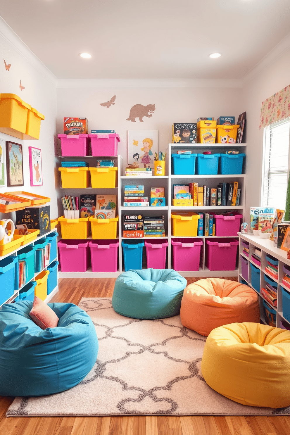 A vibrant game room designed for girls features colorful storage bins neatly arranged along the walls, providing a playful yet organized atmosphere. The bins are filled with toys, games, and art supplies, making it easy to keep the space tidy while adding a splash of color to the decor. The room is adorned with whimsical wall art and a cozy seating area with plush bean bags in pastel hues. A stylish rug anchors the space, while shelves display an array of board games and books, creating an inviting environment for fun and creativity.