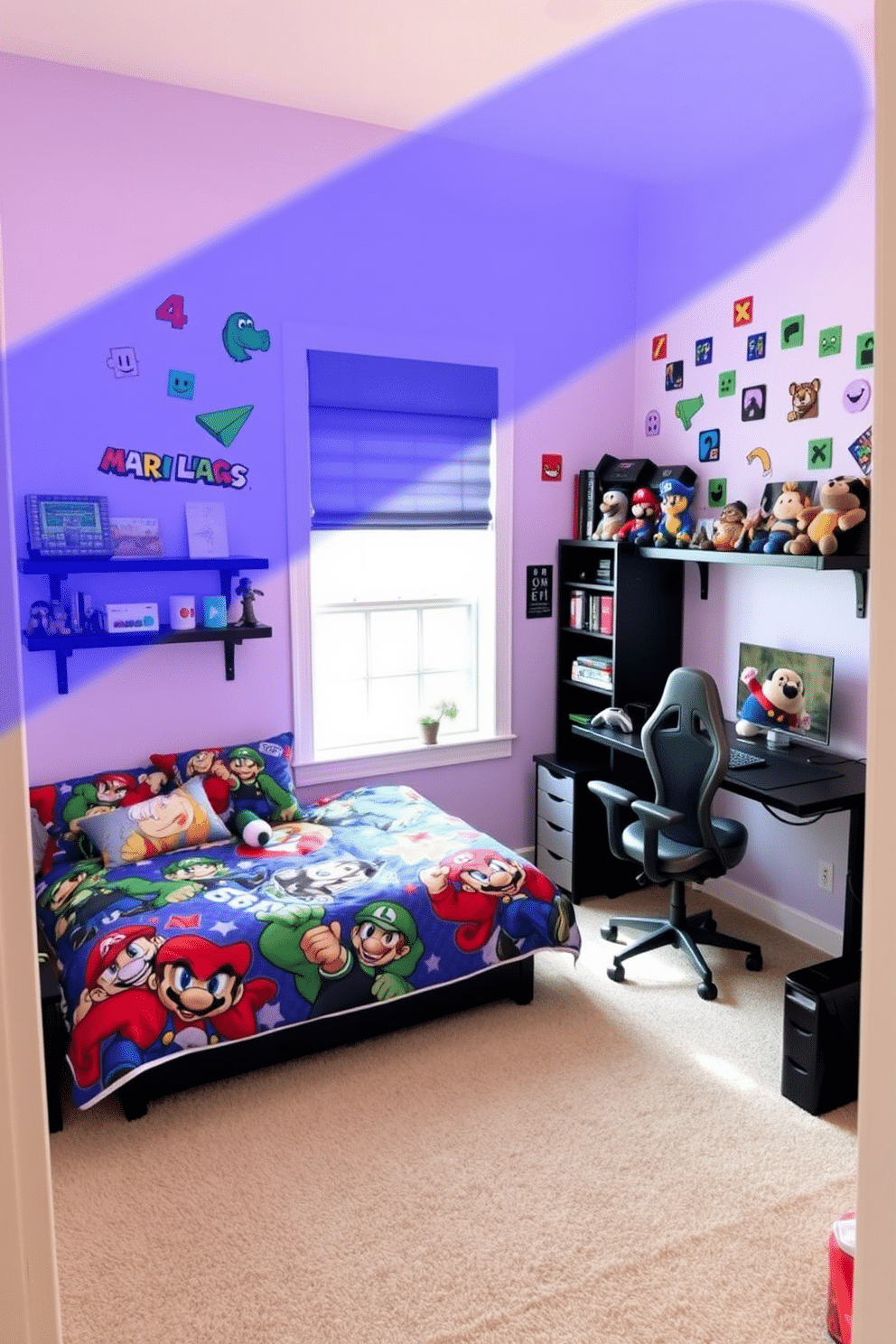 Themed bedding featuring vibrant designs of favorite game characters adorns a cozy bed, creating a playful and inviting atmosphere. The walls are painted in soft pastels, and colorful wall decals of various game icons add a fun touch to the space. A stylish gaming desk with ergonomic seating is positioned near a window, allowing for ample natural light. Shelves filled with game-related collectibles and plush toys provide personalization and charm to the room.