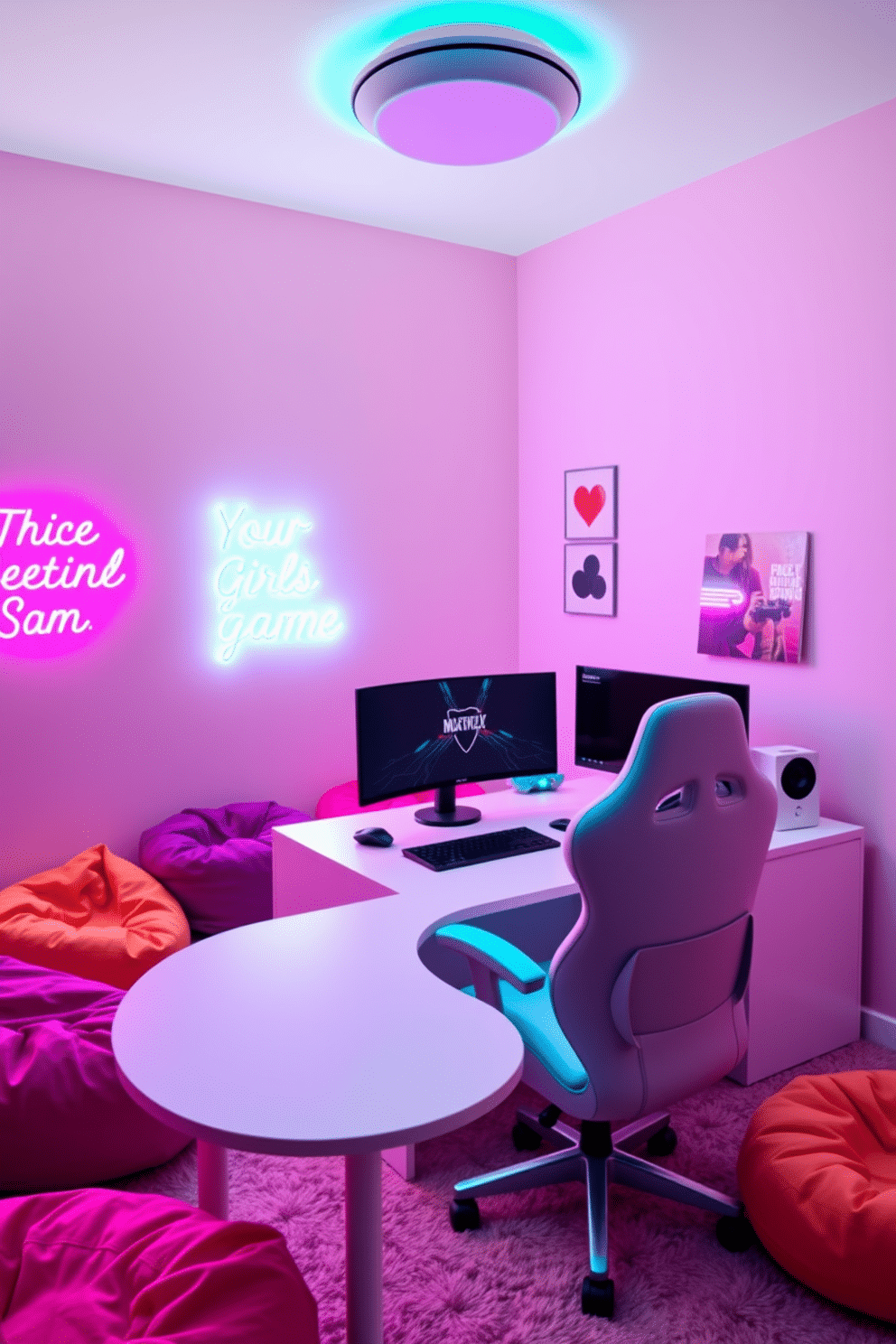 A vibrant girls' game room filled with playful neon light features. The walls are painted in pastel colors, and colorful bean bags are scattered around the space, creating a cozy atmosphere. A neon pink sign with a fun quote illuminates one wall, while LED strip lights outline the gaming area. A large gaming console is set up on a sleek white desk, complemented by a plush gaming chair in a matching hue.