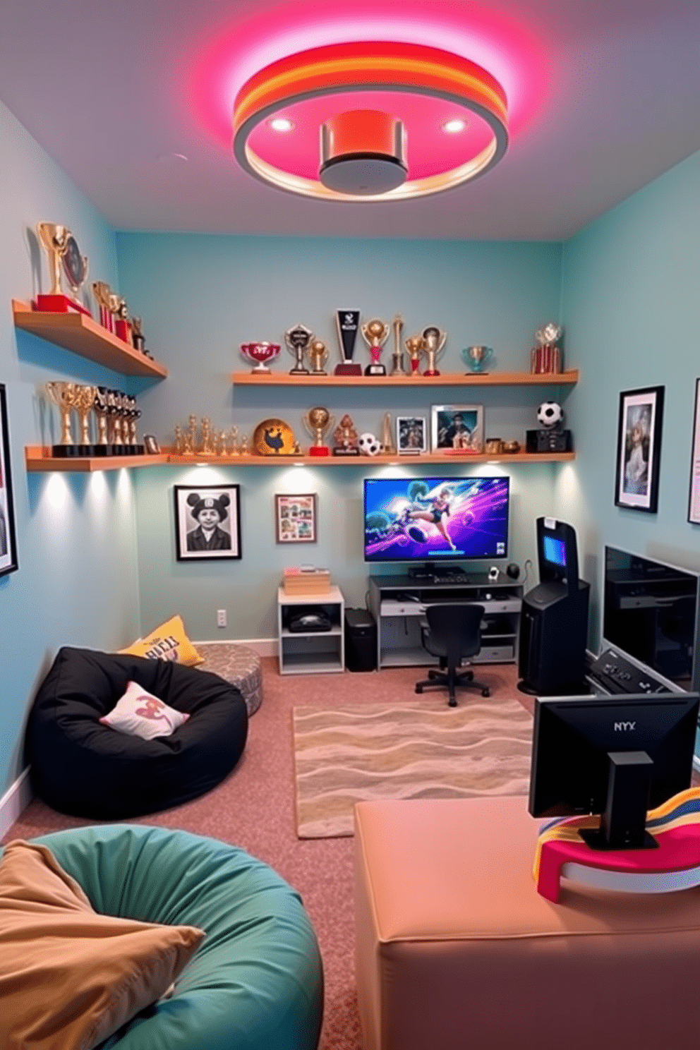 A vibrant game room designed for girls, featuring floating shelves that elegantly display an array of trophies and awards. The walls are painted in a playful pastel color, complemented by cozy seating options like bean bags and a stylish sectional sofa. The room includes a sleek gaming station with modern consoles and a large screen, ensuring a fun and interactive space. Decorative elements like wall art and themed cushions add personality, creating an inviting atmosphere for relaxation and entertainment.