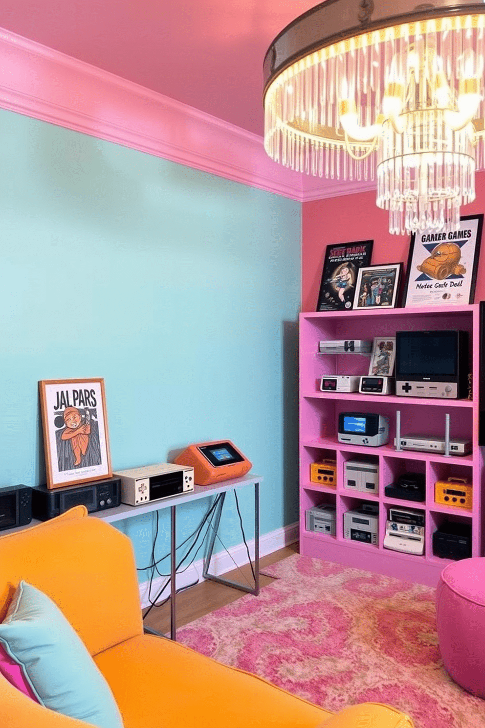 A vibrant game room designed for girls, featuring vintage gaming consoles displayed as decor pieces. The walls are adorned with pastel colors, and plush seating in bright hues creates a cozy atmosphere for gaming and relaxation. In one corner, a stylish shelf showcases a collection of classic gaming consoles, complemented by framed posters of iconic video games. Soft lighting from a chic chandelier casts a warm glow, enhancing the playful and nostalgic vibe of the space.