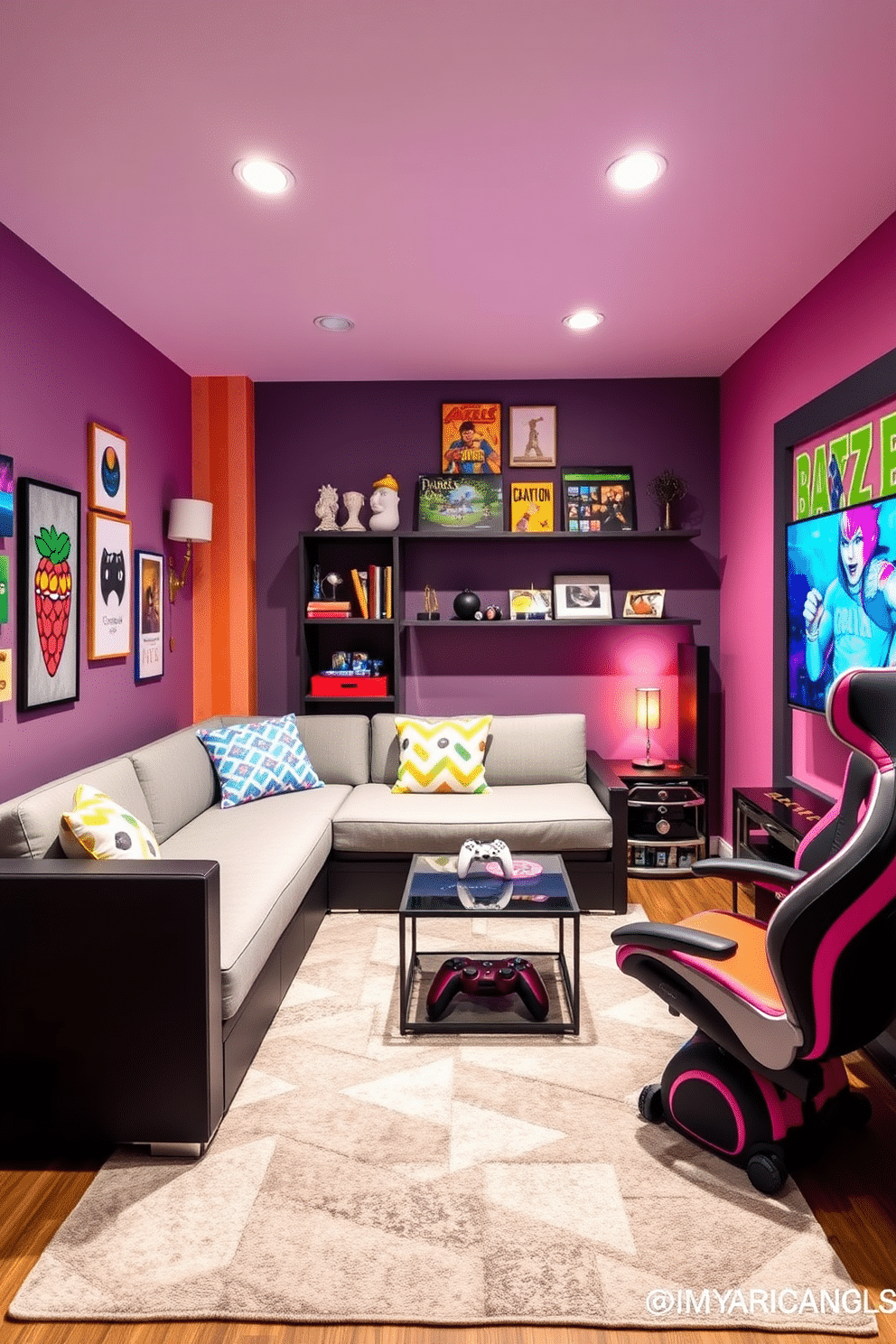 A stylish game room featuring multi-functional furniture that maximizes space and enhances play. The room includes a sleek sofa that converts into a bed, a coffee table with hidden storage, and a gaming chair that doubles as a stylish accent piece. The design incorporates vibrant colors and playful decor, creating an inviting atmosphere for girls. Walls are adorned with fun artwork and shelves display games and trophies, while a cozy rug anchors the seating area.