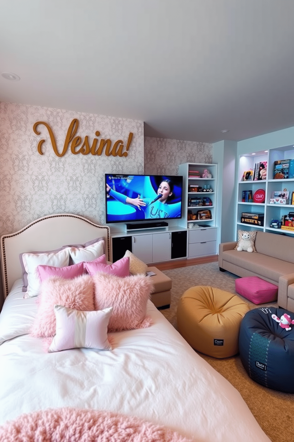 A personalized name sign is elegantly positioned above a plush bed adorned with soft, pastel-colored linens and fluffy pillows. The backdrop features a whimsical wallpaper with playful patterns, creating a cozy and inviting atmosphere. The girls' game room is designed with vibrant colors and comfortable seating, featuring bean bags and a sectional sofa for relaxation. A large wall-mounted screen is flanked by shelves filled with board games and plush toys, making it the perfect space for fun and creativity.