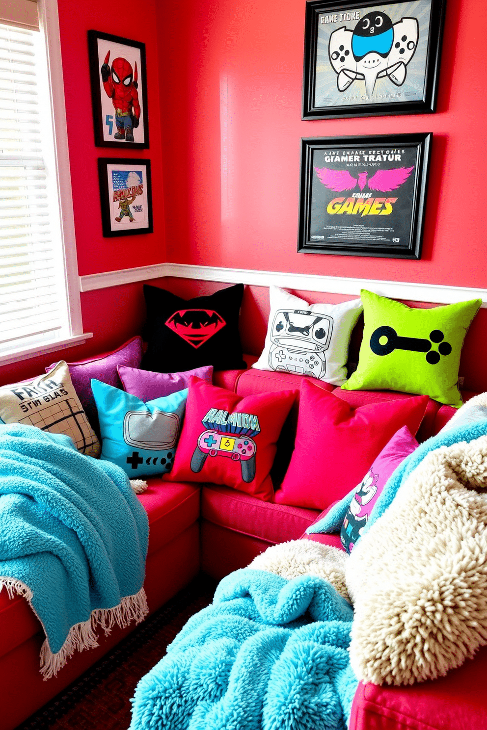 A vibrant game room designed for girls, featuring a cozy seating area adorned with game-inspired throw pillows in various colors and patterns. Plush blankets are casually draped over the furniture, inviting relaxation and comfort during gaming sessions.