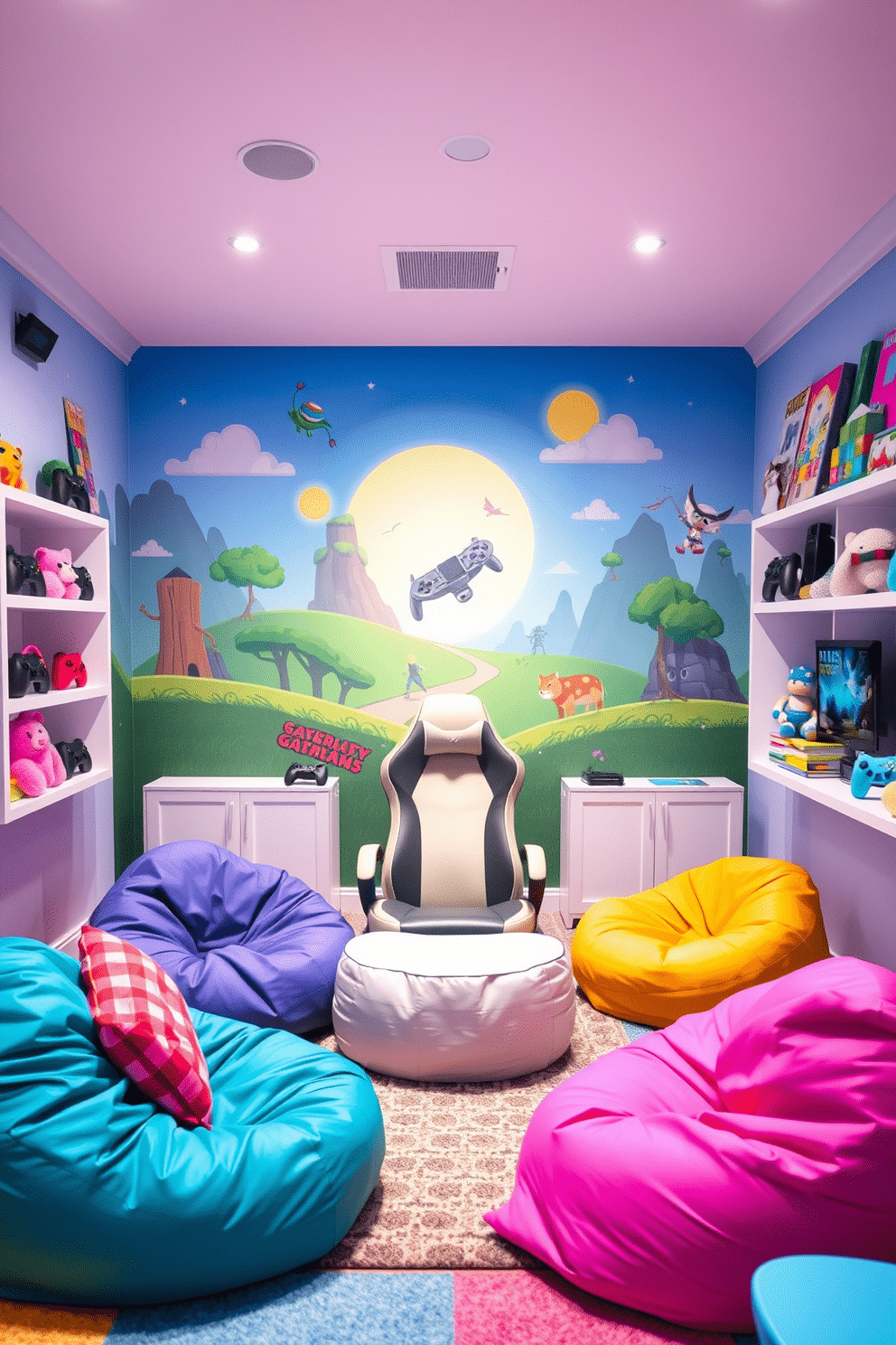 A vibrant game room designed for girls, featuring an artistic mural that showcases favorite video game characters and landscapes. The walls are painted in soft pastel colors, creating a playful and inviting atmosphere. In the center, a cozy seating area includes bean bags and a stylish gaming chair, perfect for lounging and playing. Shelves are adorned with game controllers, plush toys, and colorful decor that reflects the gaming theme.