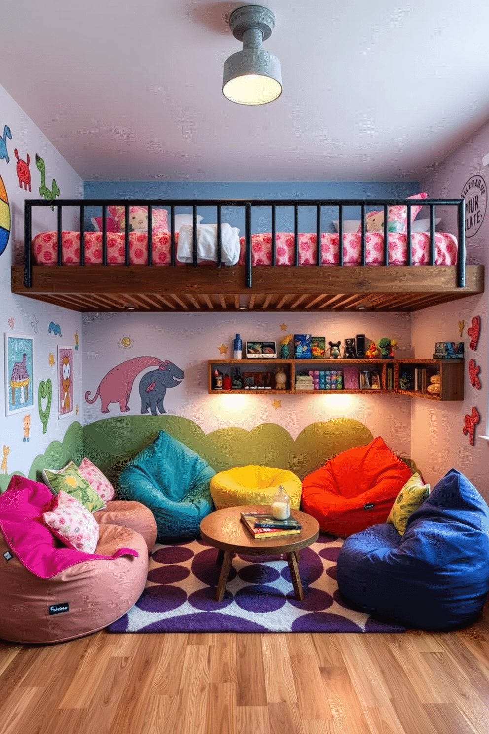 A vibrant game room designed for girls features a creative use of space with loft beds that maximize floor area. Below the loft beds, a cozy lounge area is set up with colorful bean bags and a low coffee table, perfect for games and relaxation. The walls are adorned with playful murals and shelves filled with plush toys and games. Soft, ambient lighting creates a warm atmosphere, while a stylish rug adds comfort and style to the floor.