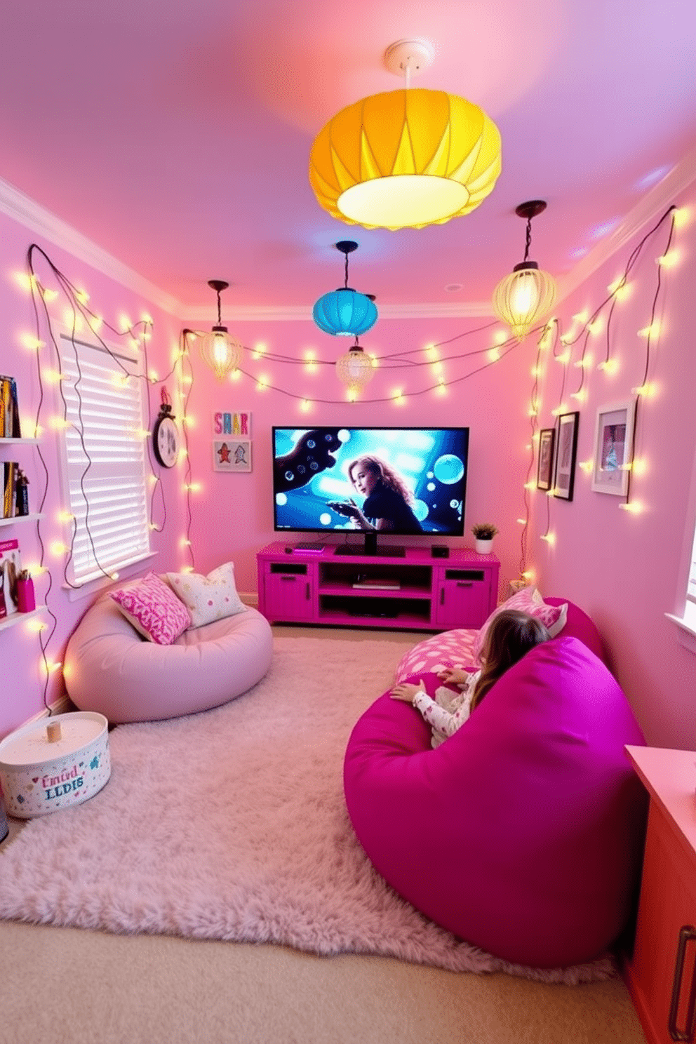 A vibrant game room designed for girls, featuring playful decor and comfortable seating. The walls are painted in pastel colors, and the floor is covered with a soft, plush rug to create a cozy atmosphere. The room is illuminated by unique light fixtures that add character, such as colorful pendant lights and whimsical fairy lights draped along the walls. A stylish gaming station is set up with a large screen, surrounded by bean bags and decorative cushions for a fun, inviting space.