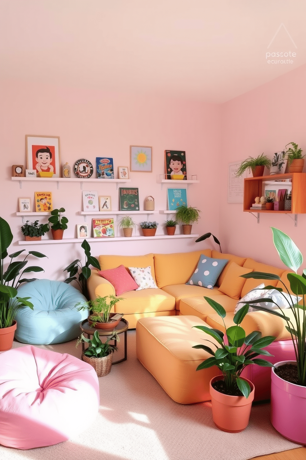 A vibrant girls' game room, filled with playful energy and creativity. The walls are painted in a soft pastel color, adorned with whimsical wall art and shelves displaying colorful board games and plush toys. A cozy seating area features a large, plush sectional sofa in a bright hue, surrounded by oversized bean bags for extra comfort. Potted plants in various sizes are strategically placed around the room, adding a fresh touch and a pop of greenery to the lively atmosphere.