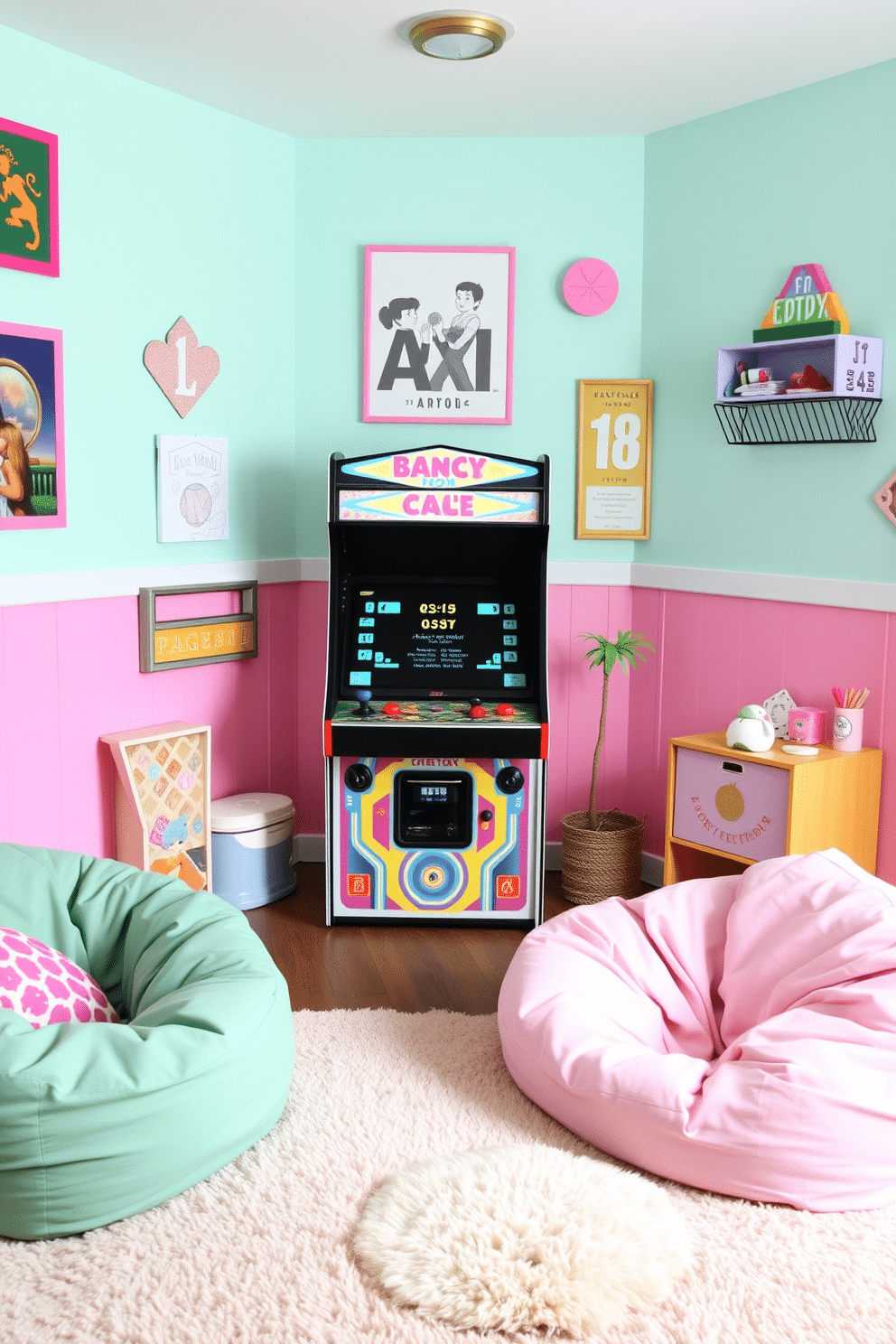 A vibrant girls' game room featuring a vintage arcade game as the centerpiece, surrounded by pastel-colored walls and playful decor. The room is adorned with comfortable bean bag chairs and a cozy rug, creating a fun and inviting atmosphere for friends to gather and play.