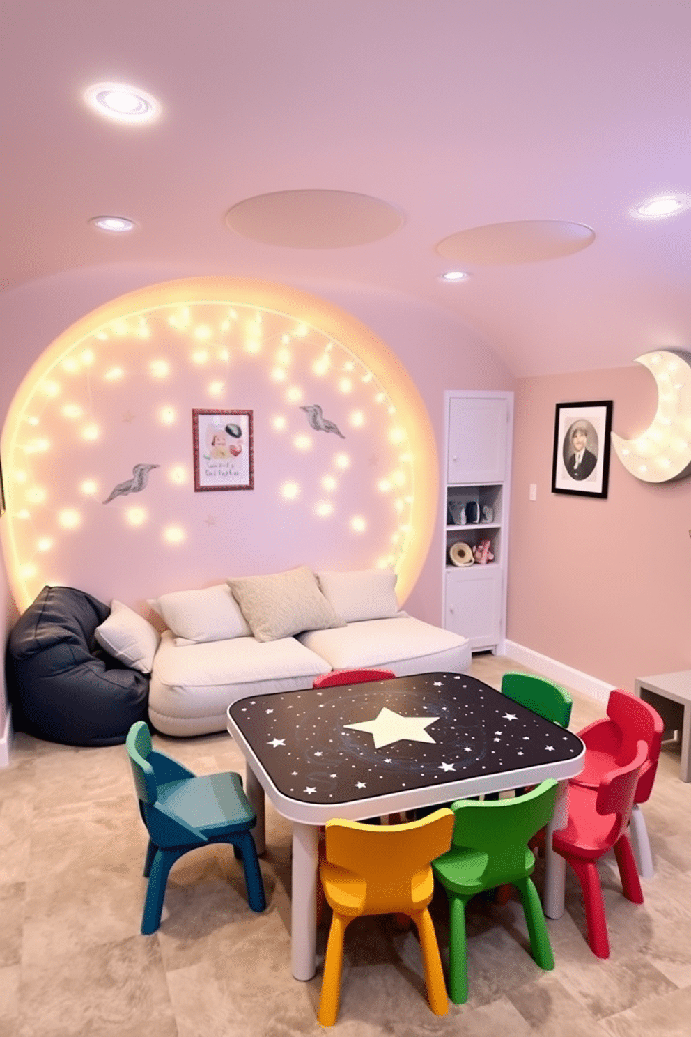 A whimsical game room designed for girls, featuring moon-shaped decor that creates a magical atmosphere. The walls are painted in soft pastel colors, adorned with twinkling fairy lights and celestial-themed wall art. In the center of the room, a plush seating area with bean bags and cushions invites relaxation and fun. A game table with a starry tabletop design is surrounded by colorful chairs, perfect for playing board games or crafting.