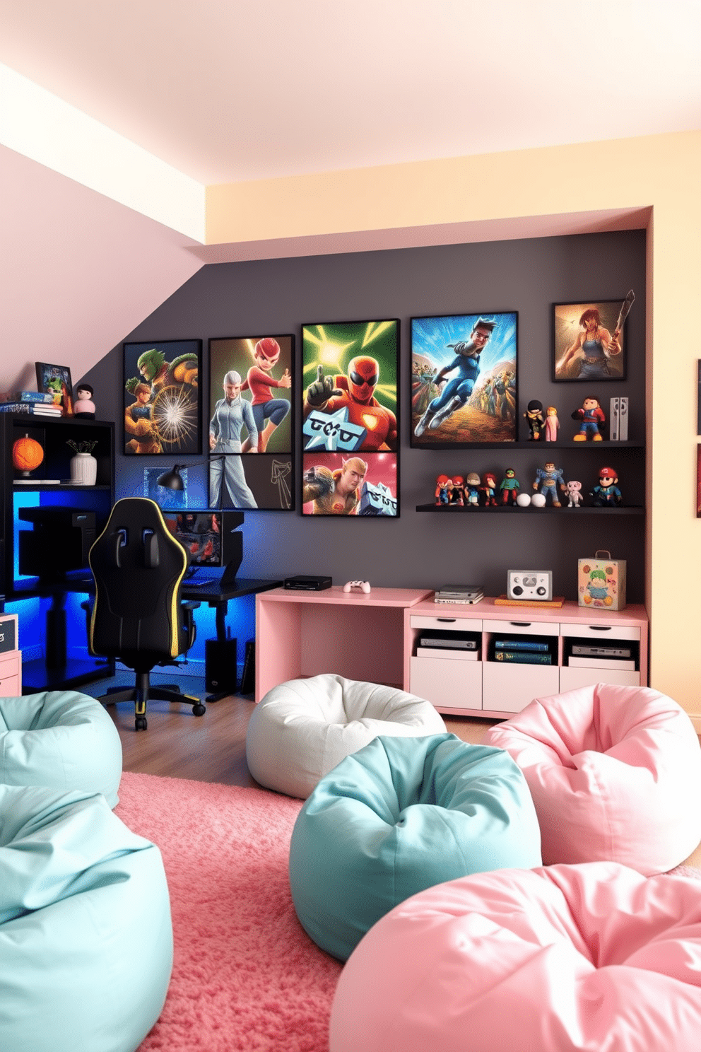 A vibrant gaming-themed room featuring an accent wall adorned with colorful posters of popular video games, showcasing characters in action. The space includes a sleek gaming desk with LED lighting, a comfortable gaming chair, and shelves filled with collectibles and action figures. Soft pastel colors dominate the room, creating a playful yet stylish atmosphere. Plush seating options and bean bags are scattered around, inviting friends to gather for gaming sessions or relaxation.