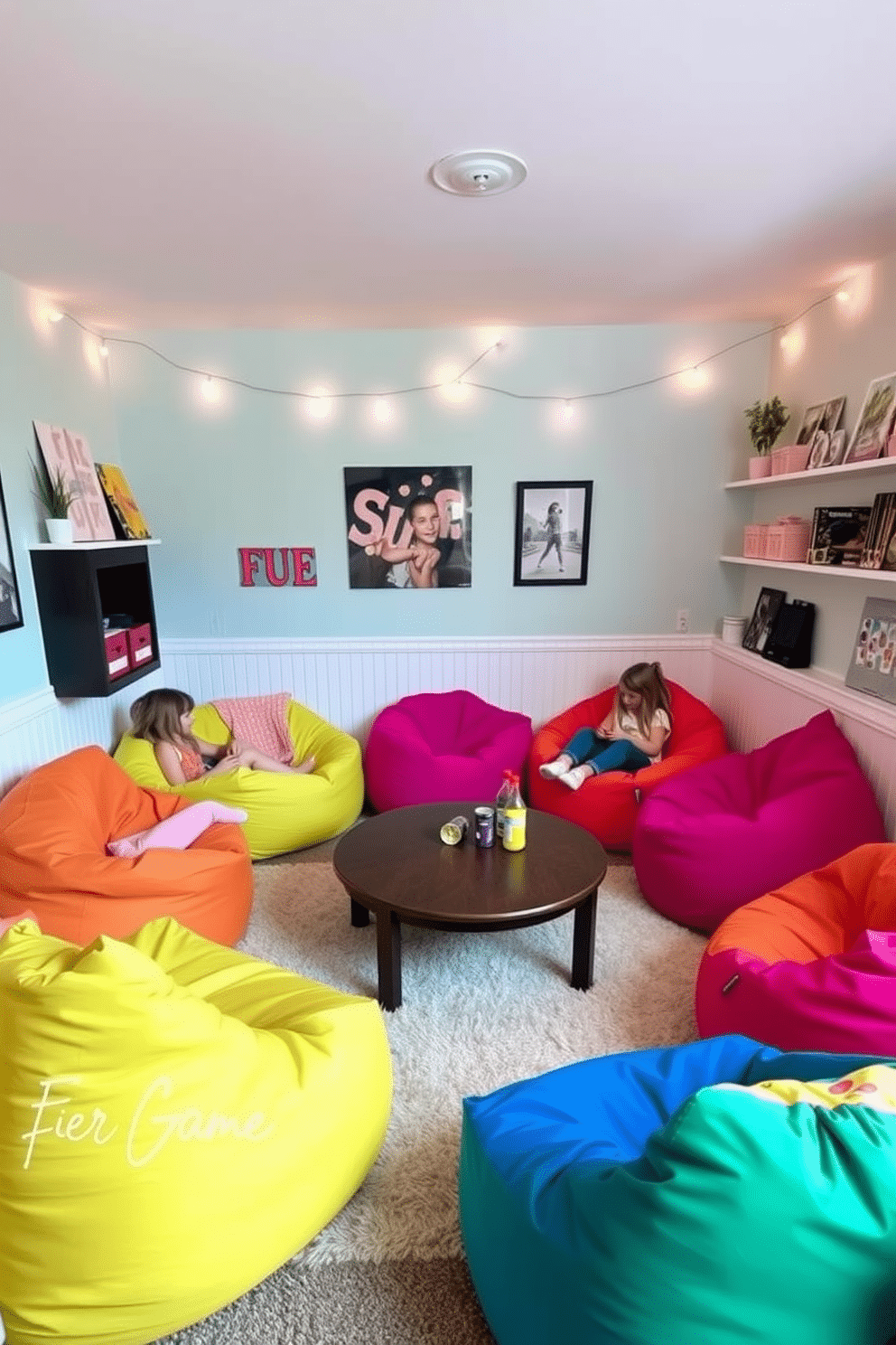 A cozy game room designed for girls features colorful bean bag seating arranged in a circular layout, creating an inviting atmosphere for socializing and gaming. The walls are painted in soft pastel shades, adorned with playful artwork and string lights to enhance the cheerful vibe. The space includes a low table in the center, perfect for snacks and drinks, surrounded by various-sized bean bags in vibrant colors. A plush rug anchors the seating area, providing comfort and warmth underfoot, while shelves display games and decorative items that reflect the girls' personalities.