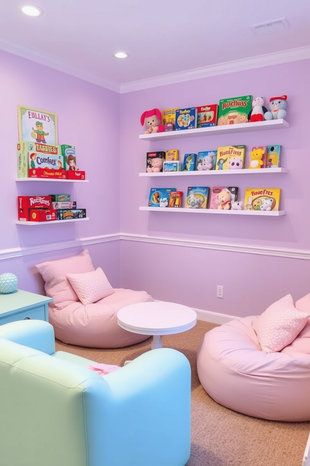 A playful girls' game room featuring a pastel color palette with soft accents. The walls are painted in a light lavender hue, complemented by mint green furniture and pink decorative pillows. A cozy seating area includes a plush, oversized bean bag and a small, round table for games. Wall-mounted shelves display colorful board games and plush toys, creating an inviting and cheerful atmosphere.