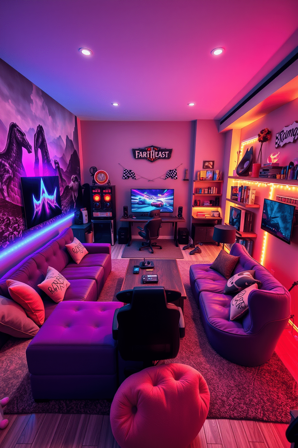 A vibrant gaming zone designed for a fantasy role-playing game. The walls are adorned with large murals depicting mythical landscapes, while a plush sectional sofa in deep purple offers ample seating for friends. A sleek gaming area dedicated to first-person shooter games. The room features a modern gaming desk with RGB lighting, a high-end gaming chair, and wall-mounted shelves displaying collectibles and trophies. A cozy game room designed for casual board games. Soft lighting creates a warm ambiance, with a large wooden table at the center surrounded by comfortable chairs, and shelves lined with board games and snacks. An energetic gaming space themed around racing games. The room includes a racing simulator setup with a steering wheel and pedals, accented by checkered flag decor and a wall-mounted TV for immersive gameplay. A stylish girls' game room featuring pastel colors and chic decor. The space includes a comfortable lounge area with bean bags, a gaming console setup, and wall art that reflects popular gaming characters and themes. A whimsical game room designed for social gaming experiences. The room has a fun, colorful palette with fairy lights, a karaoke corner, and a snack bar stocked with treats, perfect for hosting game nights with friends.