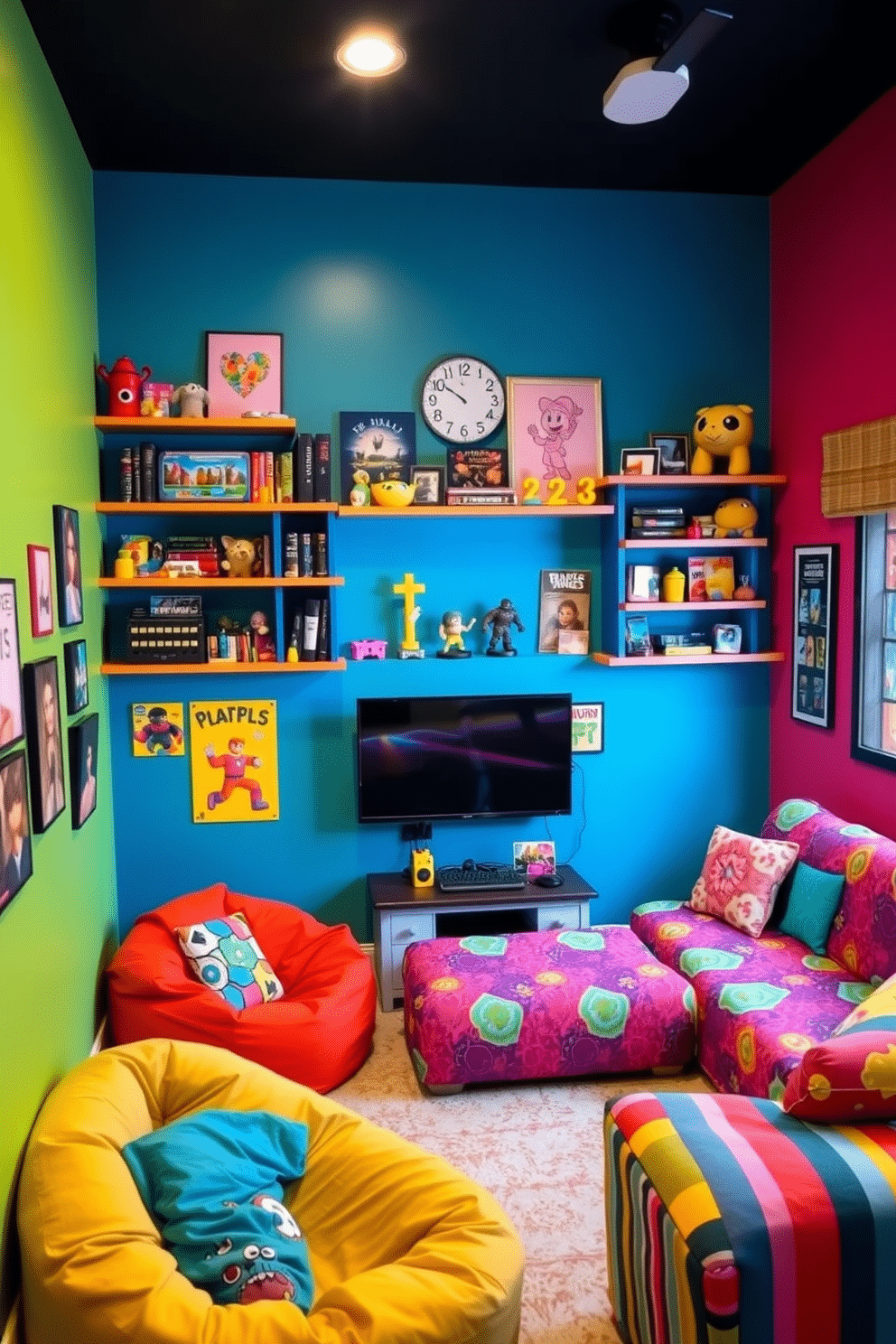 A cozy girls' game room features vibrant wall colors and playful decor. The focal point is a set of DIY wall shelves adorned with collectibles, showcasing toys and games in an organized yet artistic manner. The room is filled with comfortable seating options, including bean bags and a colorful sectional sofa. Bright lighting and fun artwork create an inviting atmosphere for friends to gather and enjoy gaming sessions.