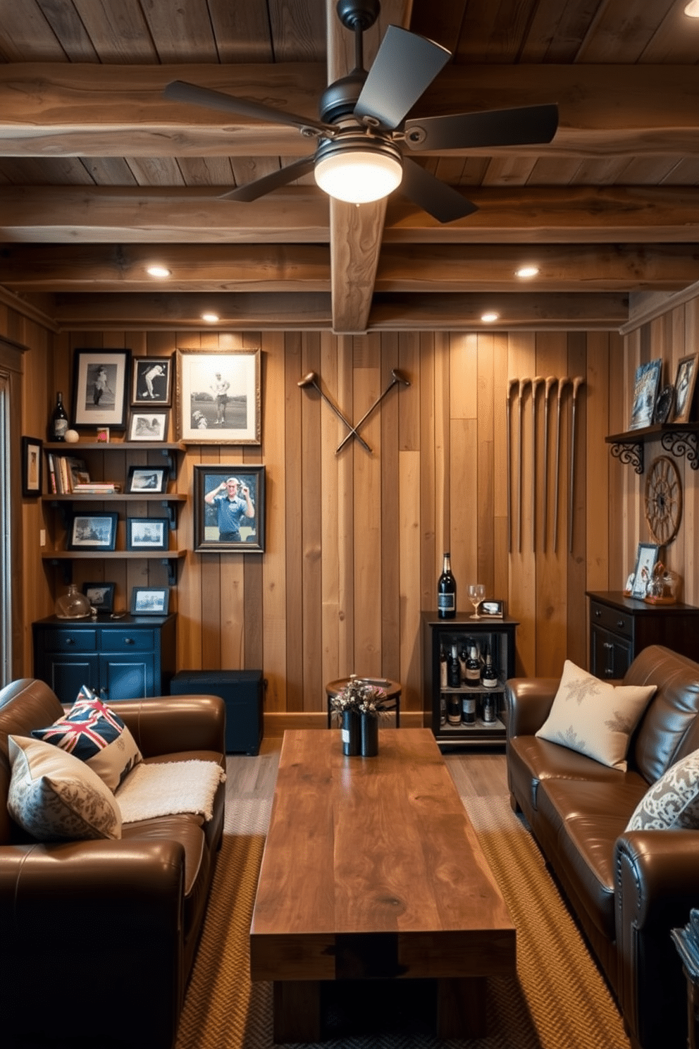 A cozy man cave featuring rustic wood accents, with reclaimed wooden beams adorning the ceiling and a feature wall made of weathered barn wood. Golf memorabilia is artfully displayed on shelves, including framed photographs of iconic players and vintage golf clubs mounted as wall art. The space is furnished with a large leather sofa and a reclaimed wood coffee table, creating an inviting atmosphere for relaxation. Soft lighting from industrial-style fixtures enhances the warm, rustic vibe while a mini bar stocked with golf-themed decor adds a playful touch.