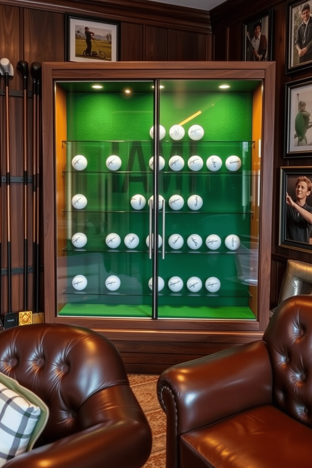 A stylish display case for signed golf balls, featuring a sleek wooden frame with glass doors to showcase the memorabilia. The interior is lined with a soft green felt to enhance the visual appeal of the golf balls, with adjustable shelves for optimal arrangement. A dedicated golf man cave designed with a rustic charm, incorporating dark wood paneling and leather seating for comfort. Wall-mounted golf clubs and framed photographs of iconic golf moments create an immersive atmosphere for enthusiasts.