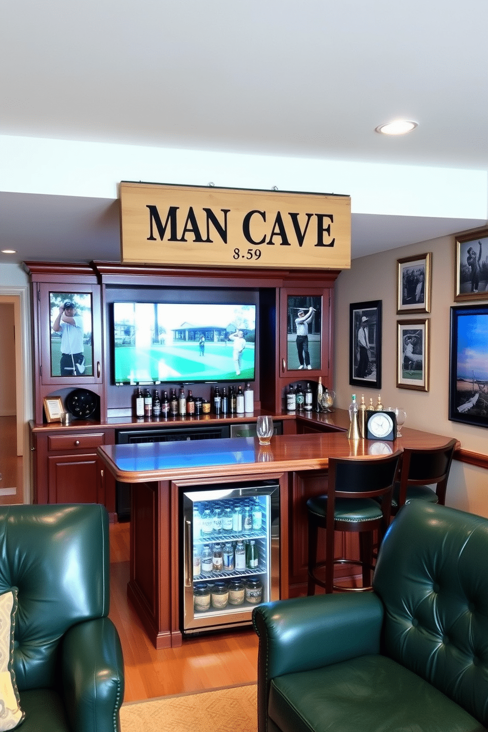 A personalized golf sign hangs prominently above the bar in a stylish man cave. The bar features rich wooden cabinetry, with a polished countertop and high-backed stools that invite relaxation and conversation. The walls are adorned with framed photographs of iconic golf moments, creating a nostalgic atmosphere. Plush seating in deep green leather complements the golf theme, while a mini fridge stocked with beverages ensures guests are always refreshed.