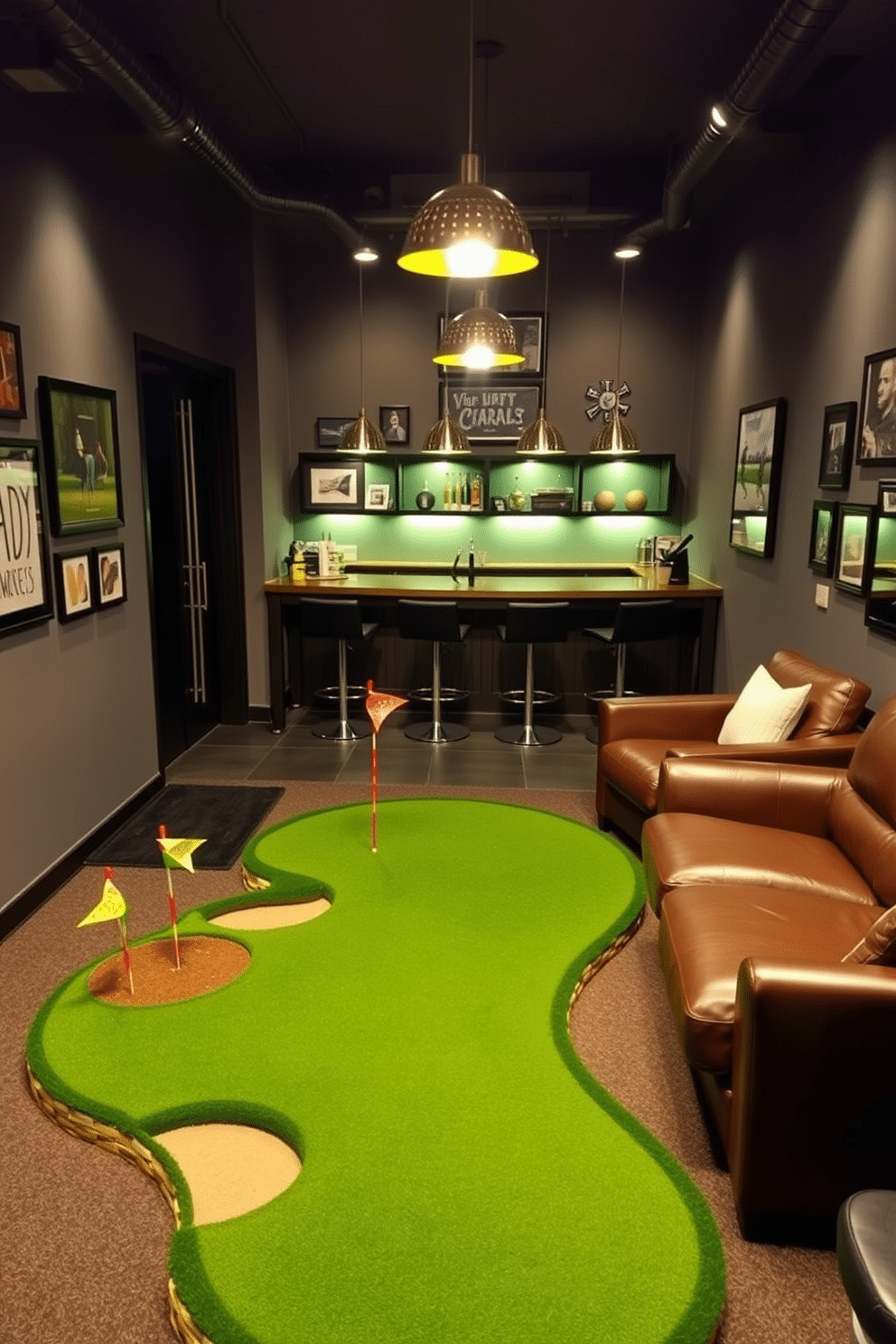 A miniature golf course setup in the corner of a stylish man cave features a vibrant green turf surface with various obstacles, including a small sand trap and colorful windmills. The walls are adorned with framed sports memorabilia, and a sleek bar area with high stools provides a perfect spot for relaxation after a round of golf. The lighting is warm and inviting, with pendant lights hanging above the putting green, creating an atmosphere perfect for entertaining friends. Comfortable leather seating surrounds a coffee table, offering a cozy space to enjoy drinks and snacks while playing golf indoors.