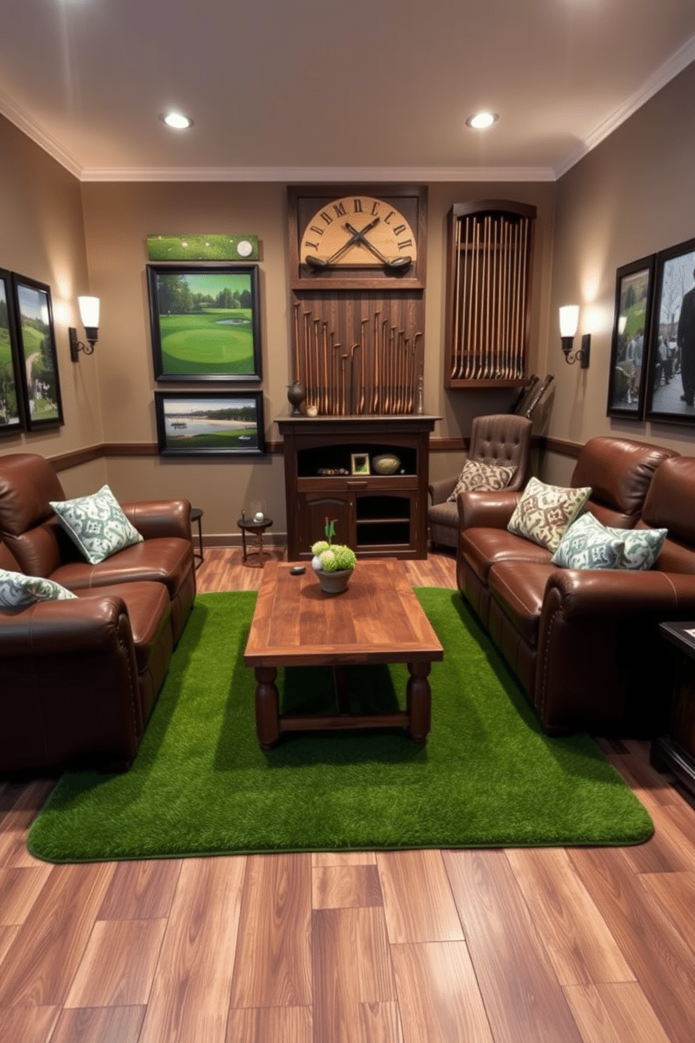 A cozy golf-inspired area rug lies at the center of the room, featuring a lush green hue that mimics a well-manicured putting green. Surrounding the rug, leather recliners and a rustic wooden coffee table create an inviting atmosphere for relaxation and entertainment. The walls are adorned with framed photographs of iconic golf courses, showcasing the beauty of the sport. A vintage golf club display adds character to the space, while soft lighting from stylish sconces enhances the man cave's warm ambiance.