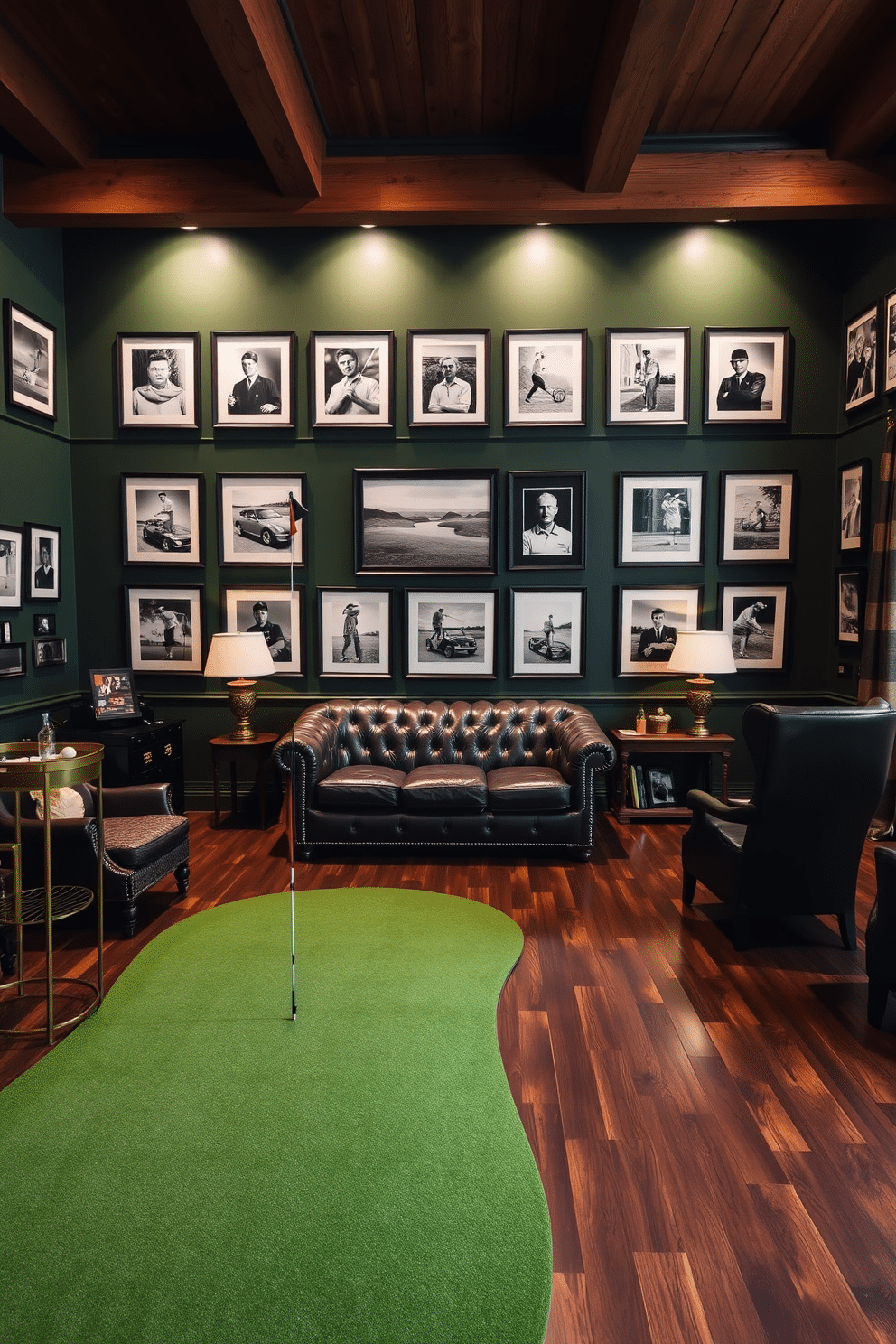 Classic golf photographs in gallery style. The walls are adorned with framed black and white images of iconic golf moments, arranged in a cohesive layout. The floor features a rich, dark hardwood that complements the rustic charm of the space. A plush leather sofa sits in the center, surrounded by vintage golf memorabilia and a custom-built bar cart stocked with premium spirits. Golf Man Cave Design Ideas. The room is designed with deep green walls reminiscent of a lush golf course, accented by wooden beams overhead. Comfortable seating options include a sectional sofa and high-backed chairs, perfect for relaxing after a round of golf. A putting green in one corner adds a fun, interactive element to the space, ensuring it’s both stylish and functional.