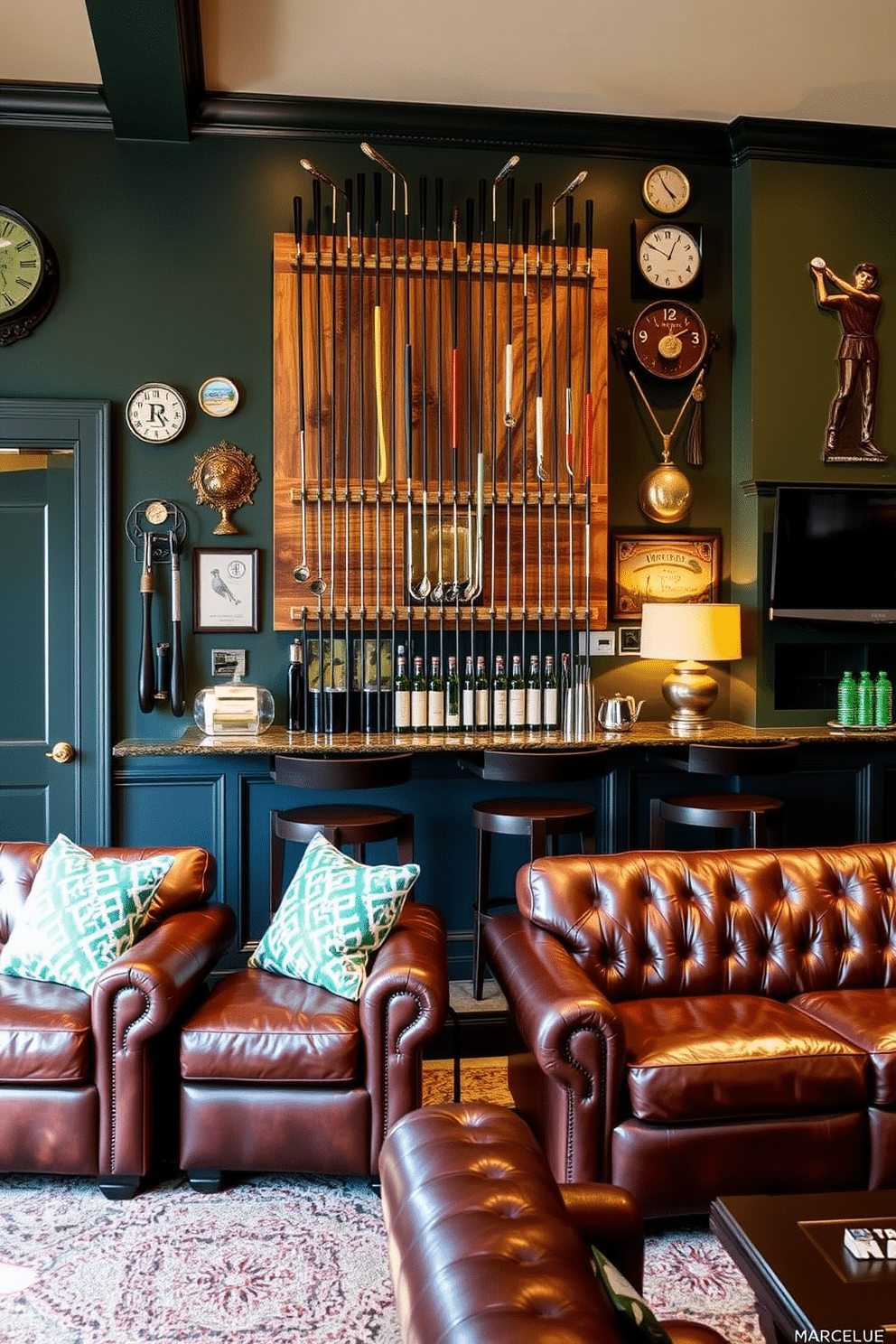 A striking golf club rack serves as a functional art piece, crafted from reclaimed wood with sleek metal accents. The rack is mounted on a feature wall adorned with vintage golf memorabilia, creating a focal point in the room. The golf man cave is designed with rich leather furniture and a custom bar area, perfect for entertaining friends after a round. Warm lighting and deep green accents evoke a classic, sophisticated atmosphere reminiscent of a traditional golf club.