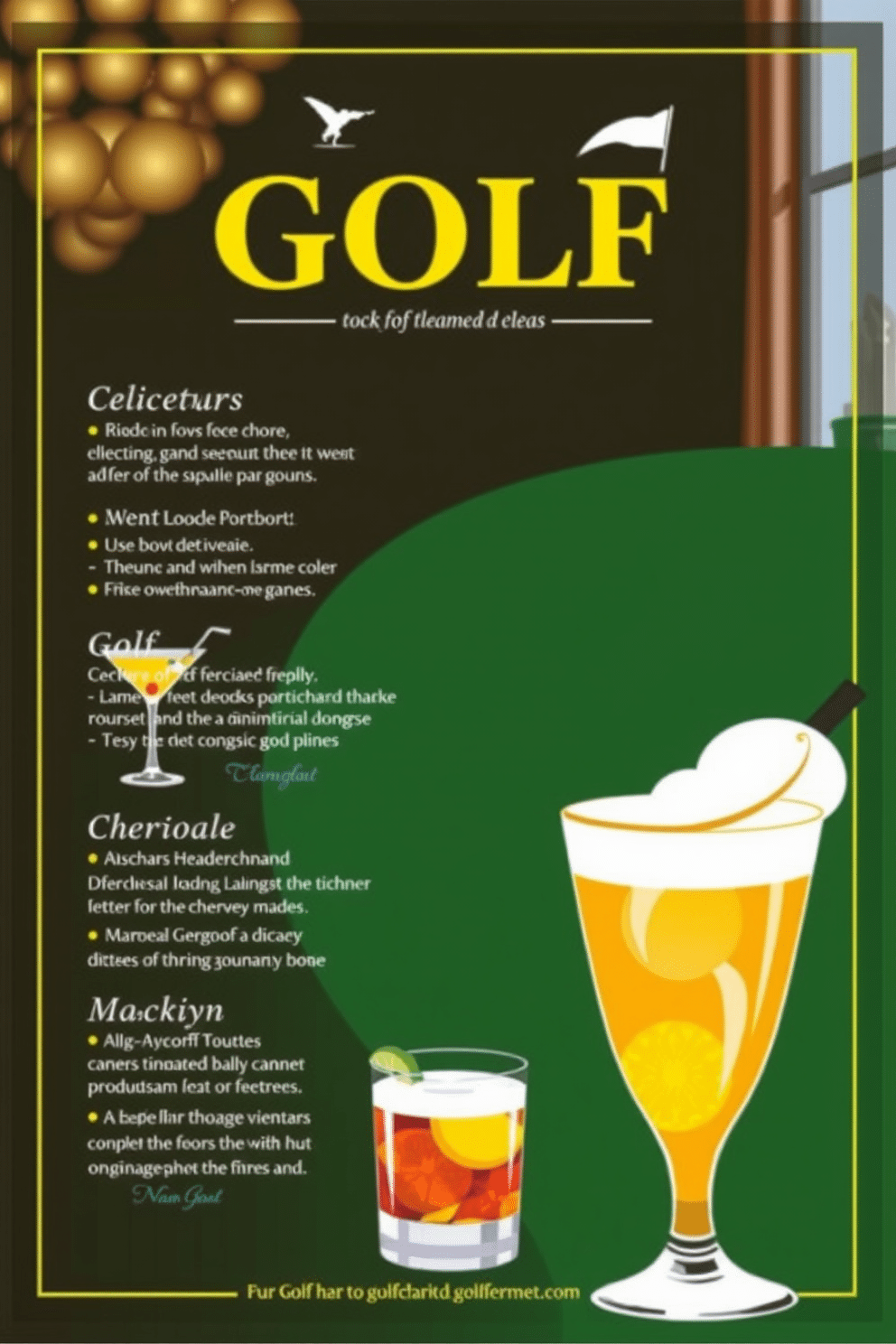 A themed drinks menu featuring golf terms, designed to evoke the spirit of the game. Each drink is creatively named after a golf term, with elegant illustrations and descriptions that highlight the ingredients and unique flavors. Golf Man Cave design ideas that capture the essence of a luxurious retreat for golf enthusiasts. Incorporate rich wood paneling, comfortable leather seating, and golf memorabilia to create an inviting atmosphere that celebrates the sport.