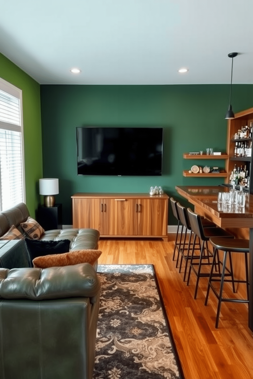 Accent wall painted in lush green. The space features a plush leather sectional sofa facing a large flat-screen TV mounted above a sleek wooden media console. To the right, a custom-built bar area showcases an array of spirits and glassware, with high stools for seating. The floor is adorned with a stylish area rug that complements the green wall, adding warmth and texture to the room.