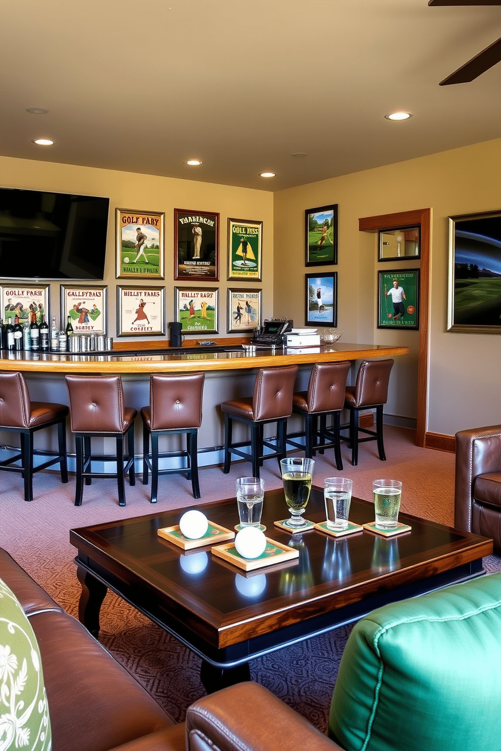 A stylish golf-themed man cave featuring a custom bar with a polished wood countertop and leather bar stools. The walls are adorned with framed vintage golf posters, and a large flat-screen TV is mounted for viewing games. On the coffee table, there are unique coasters shaped like golf balls and drinkware with golf club designs. The space is accented with green and gold decor, reminiscent of a classic golf course atmosphere.