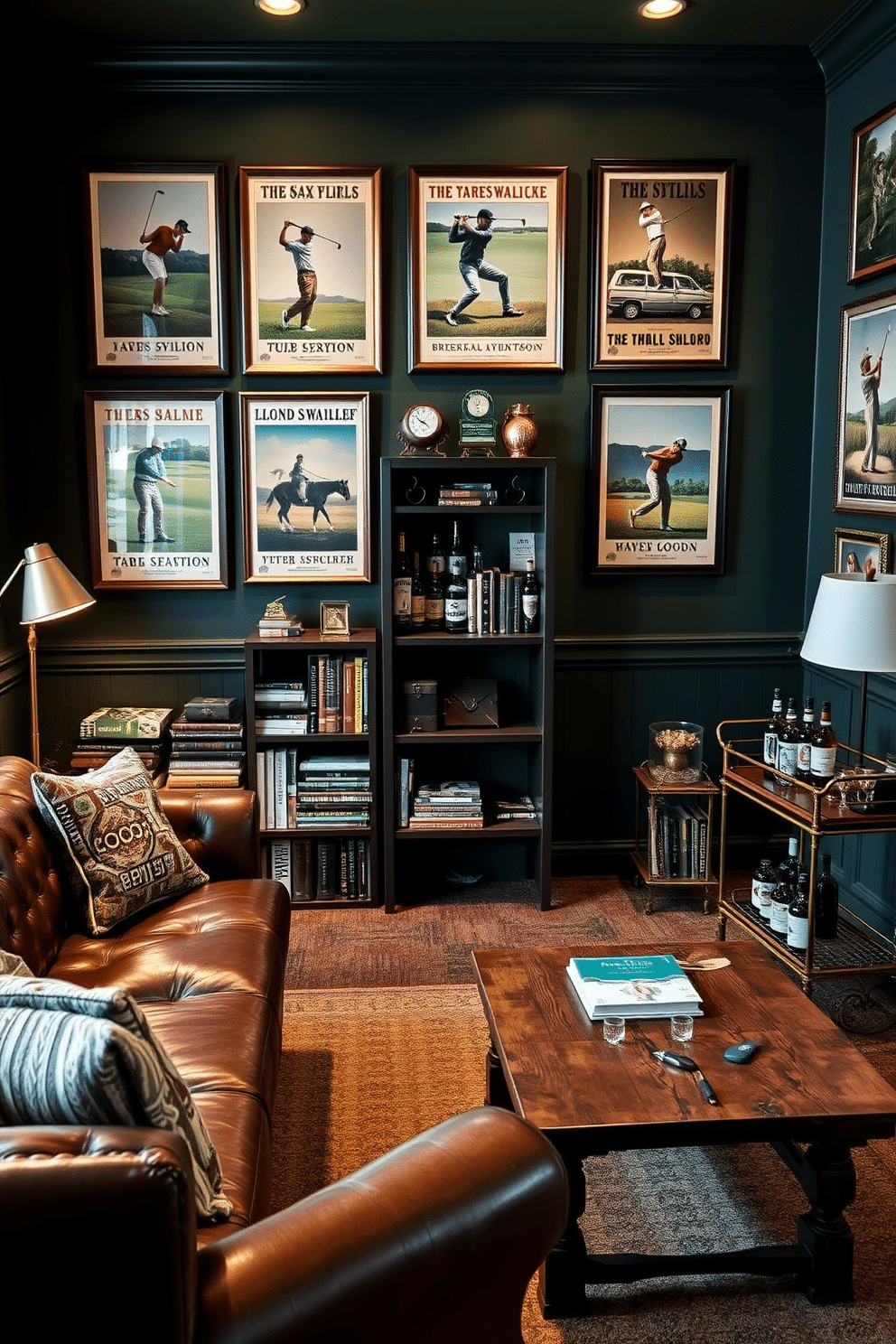 A cozy man cave featuring vintage golf posters in stylish frames adorning the walls, creating a nostalgic atmosphere. The room is furnished with a plush leather sofa and a rustic wooden coffee table, complemented by a vintage bar cart stocked with premium spirits. In one corner, a custom-built bookshelf showcases golf memorabilia and books, while soft lighting from stylish floor lamps adds warmth to the space. The color palette consists of deep greens and browns, evoking the feel of a classic golf course.