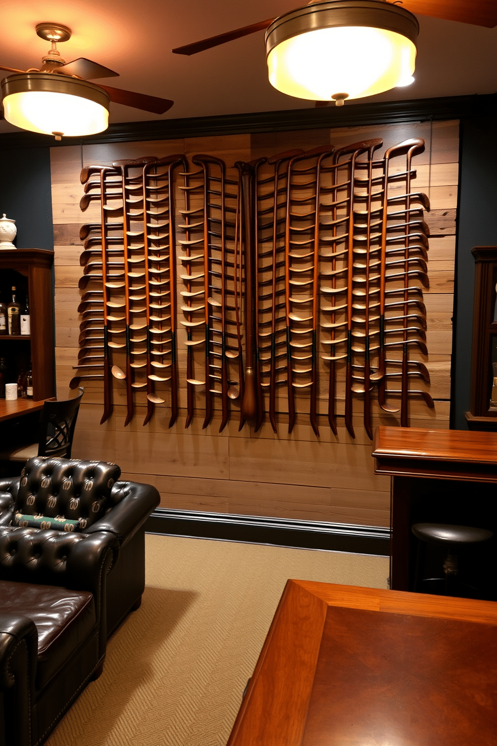 A vintage golf club wall art display features an array of antique wooden golf clubs arranged in a visually striking pattern. The clubs are mounted on a reclaimed wood backdrop, enhancing the rustic charm of the man cave. The space is accented with leather seating and a classic wooden bar, creating a cozy yet sophisticated atmosphere. Soft, ambient lighting highlights the wall art while inviting warmth into the room.