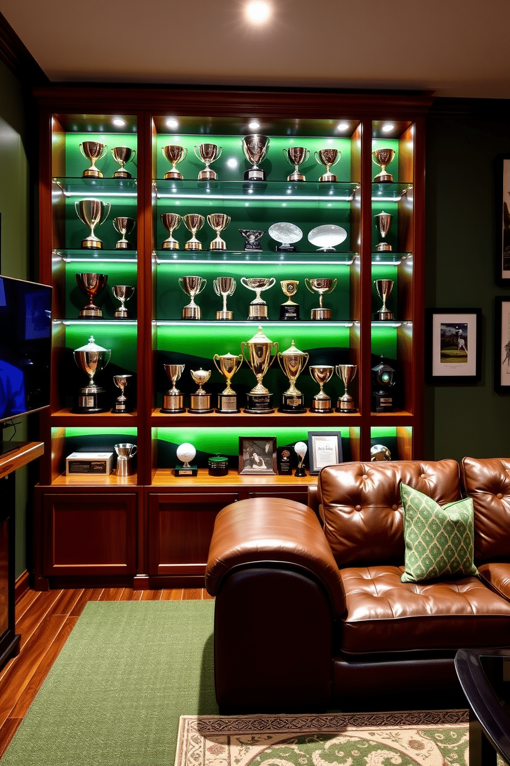 A sleek golf trophy display shelf showcases an array of achievements, featuring polished wood with glass shelves to highlight each trophy. The background is adorned with a rich green hue, reminiscent of a golf course, creating an elegant yet sporty ambiance. The golf man cave is designed with a comfortable leather sectional and a custom bar featuring golf-themed decor. Walls are decorated with framed memorabilia and artwork, while ambient lighting sets a relaxed mood for entertaining friends after a round.