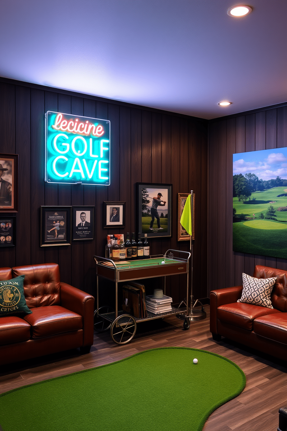 A custom neon sign glows brightly on the wall, featuring an inspiring golf quote in vibrant colors against a dark wood panel backdrop. The space is designed as a golf man cave, complete with plush leather seating, a vintage bar cart stocked with premium spirits, and framed memorabilia of famous golf tournaments. The walls are adorned with golf-themed art, including a large canvas depicting a picturesque golf course. Soft ambient lighting enhances the relaxed atmosphere, while a mini putting green occupies one corner, inviting friends to enjoy a round in this stylish retreat.