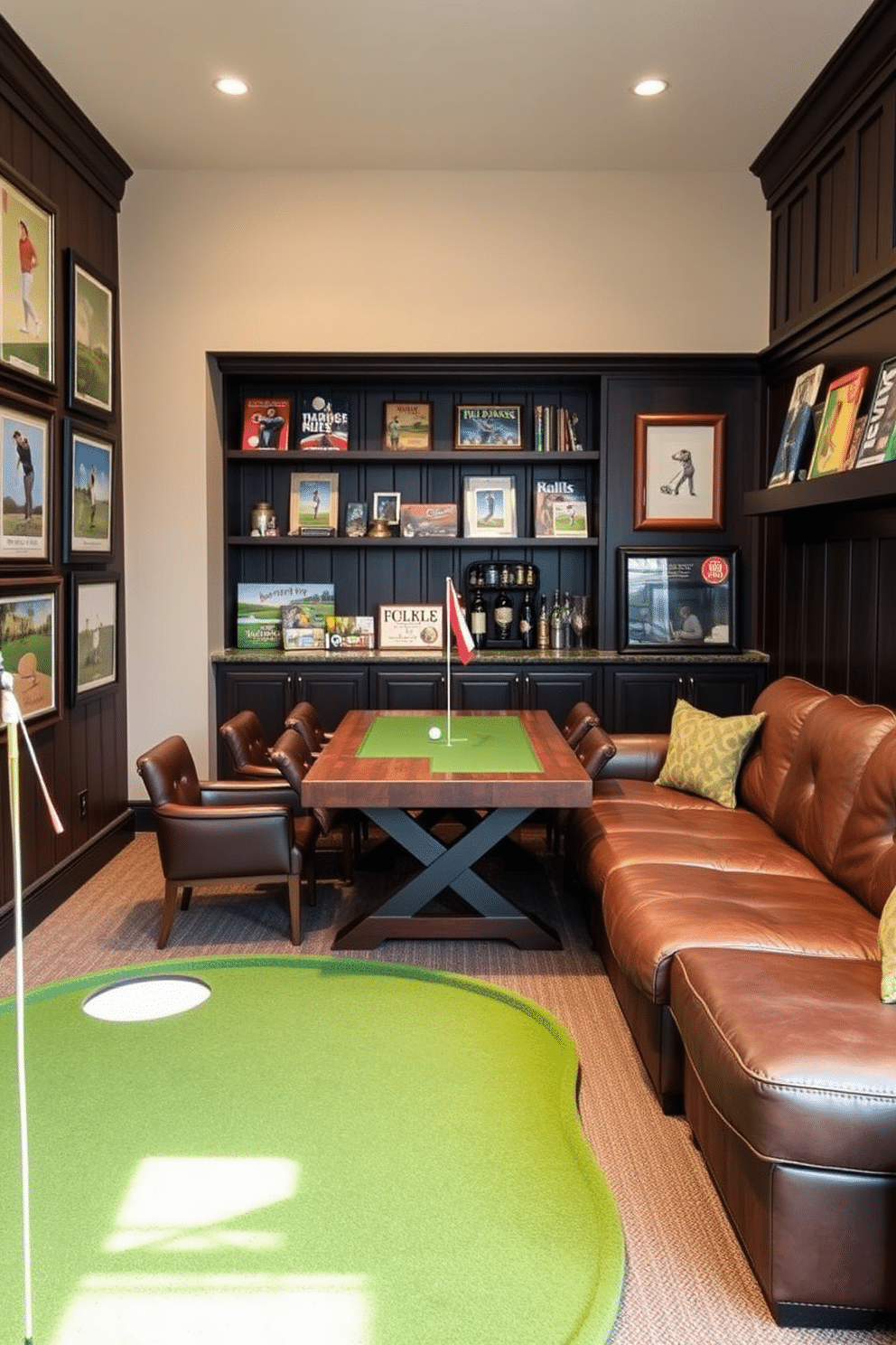 A cozy golf-themed board game area features a rustic wooden table surrounded by comfortable leather chairs, perfect for enjoying game nights. The walls are adorned with framed vintage golf posters and shelves filled with classic golf board games, creating an inviting atmosphere. The golf man cave is designed with dark wood paneling and a plush sectional sofa, ideal for relaxation after a long day on the course. A mini bar stocked with golf-themed cocktails and memorabilia, along with a putting green in one corner, enhances the space for both entertainment and leisure.