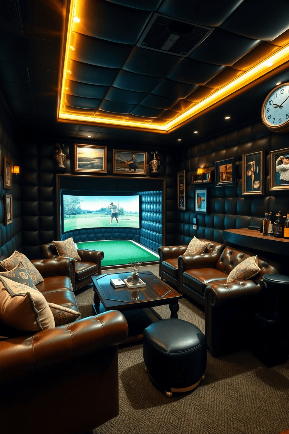 A luxurious golf man cave featuring padded walls in a rich, dark leather, creating a cozy and inviting atmosphere. The space is adorned with vintage golf memorabilia, including framed photographs and trophies, complemented by plush seating arranged around a central coffee table. The room includes a state-of-the-art golf simulator tucked into one corner, with soft ambient lighting enhancing the overall mood. A custom bar area with high stools and a selection of premium spirits adds to the entertainment options, making it the perfect retreat for golf enthusiasts.